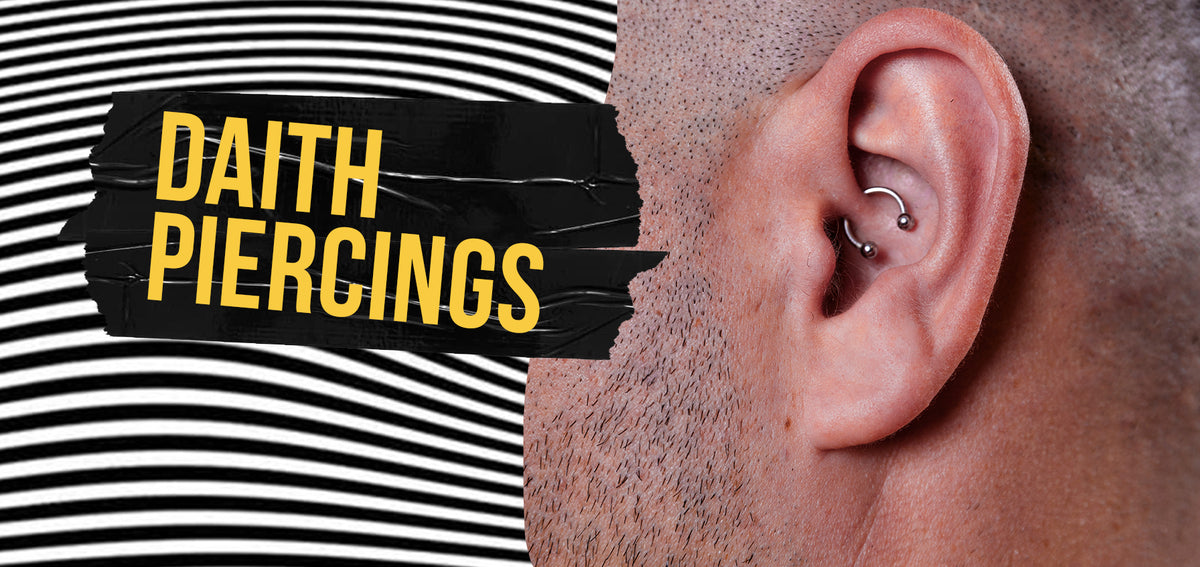 Text reading Daith Piercings beside a man's ear with a silver-tone ring in the daith