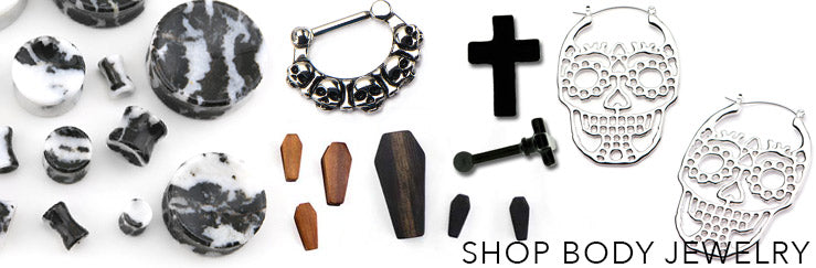 Shop Body Jewelry: black and white stone plugs, skull septum clicker, wooden coffin plugs and sugar skull hoop earrings
