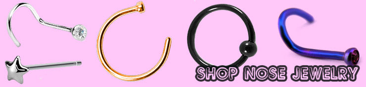 Nose screws, a star nose stud, a gold-tone nose hoop and a black captive bead ring, labeled Shop Nose Jewelry