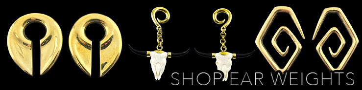 Gold-tone keyhole ear weights, white longhorn skull hangers and gold-tone spirals, labeled Shop Ear Weights