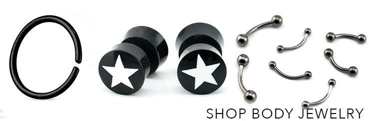 Shop Body Jewelry: black seamless hoop, black plugs with white stars and black curved barbells