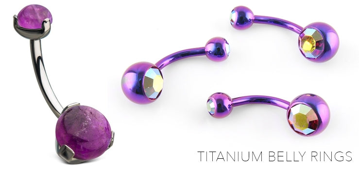 Titanium Belly Rings: purple anodized belly button rings with purple stone and iridescent crystal ends