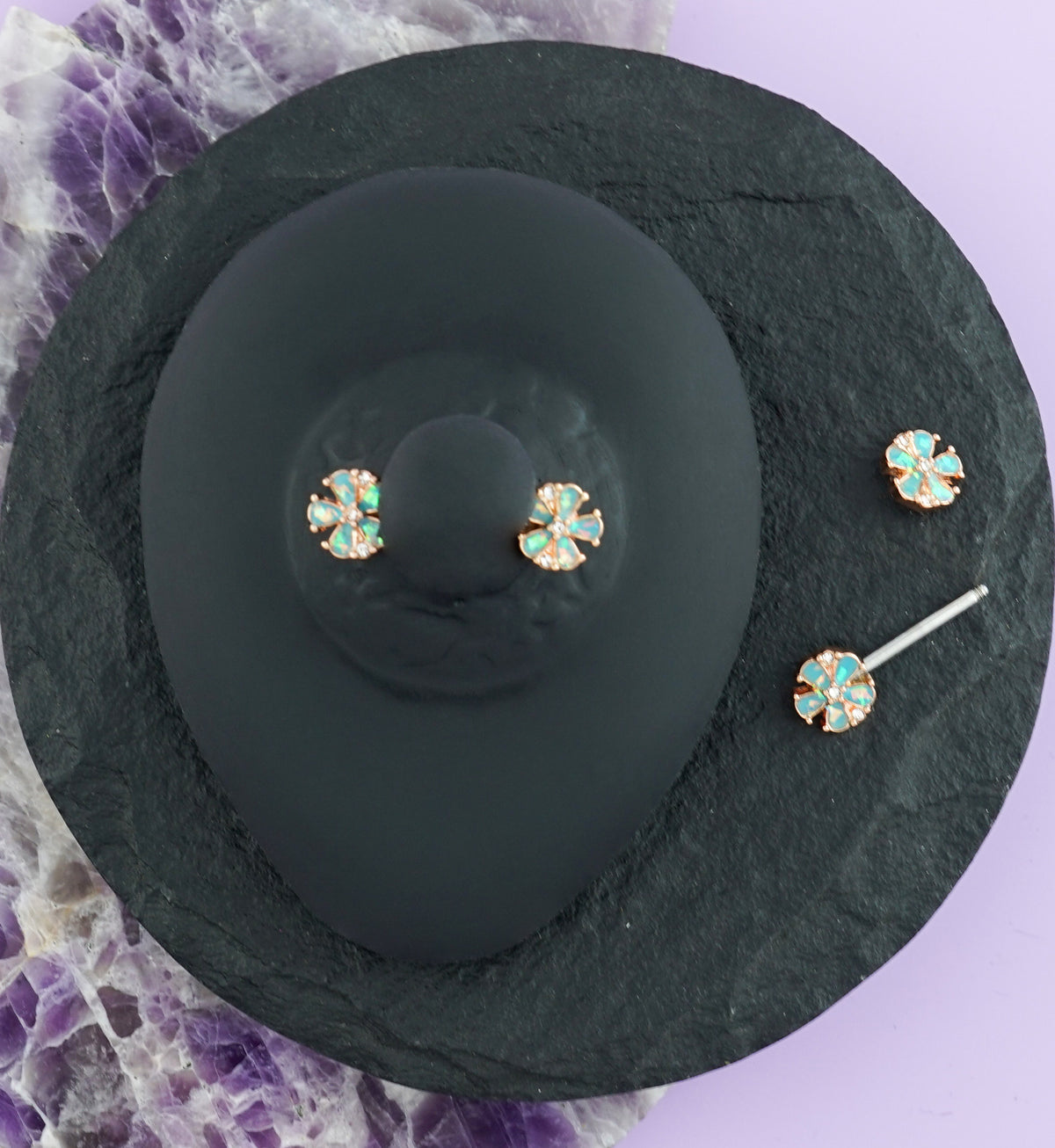 14G Blue Opalescent Glitter Petal Nipple Ring Barbell
