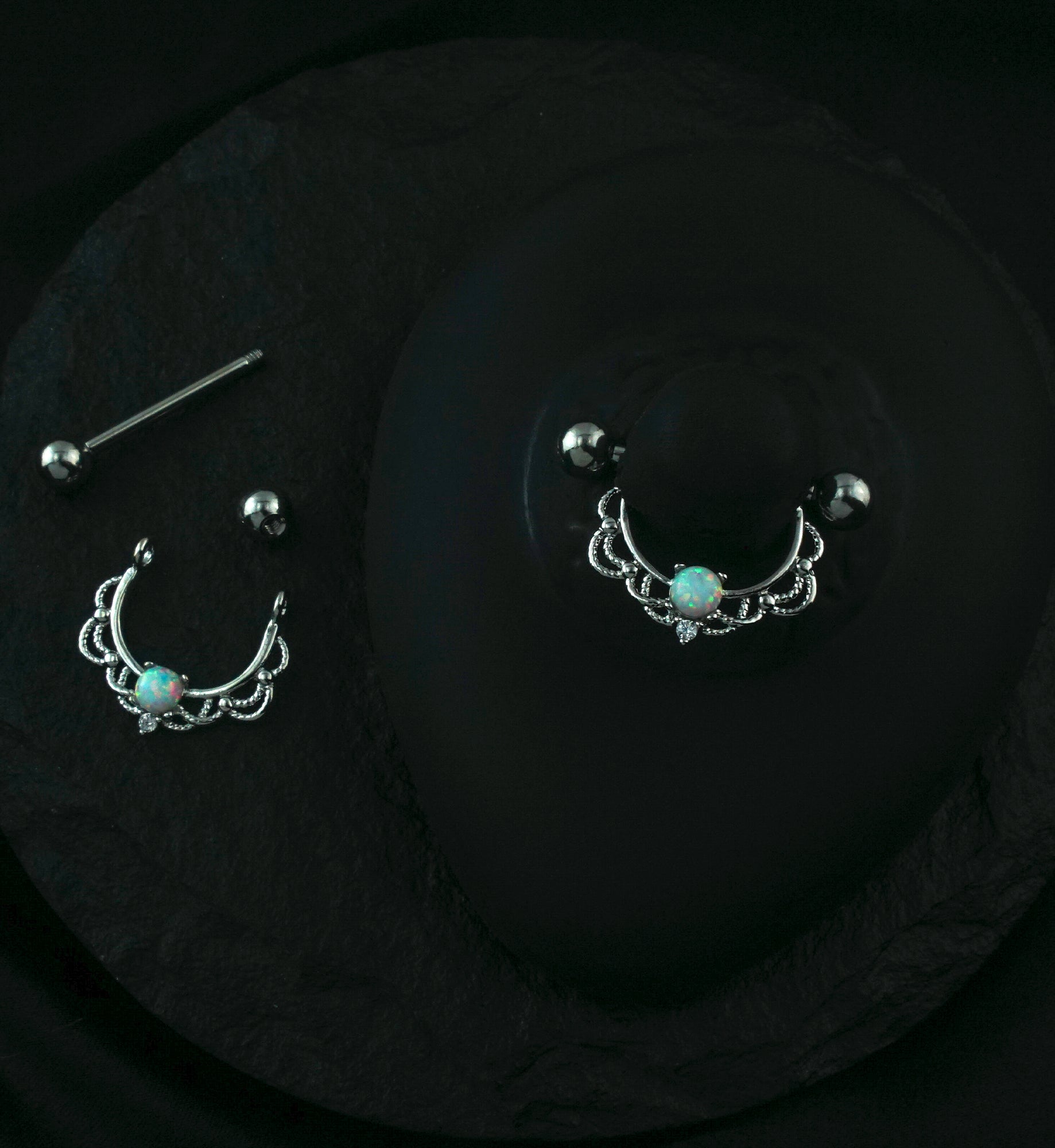 14G Silver Brass Lacey Opal Nipple Ring Barbells