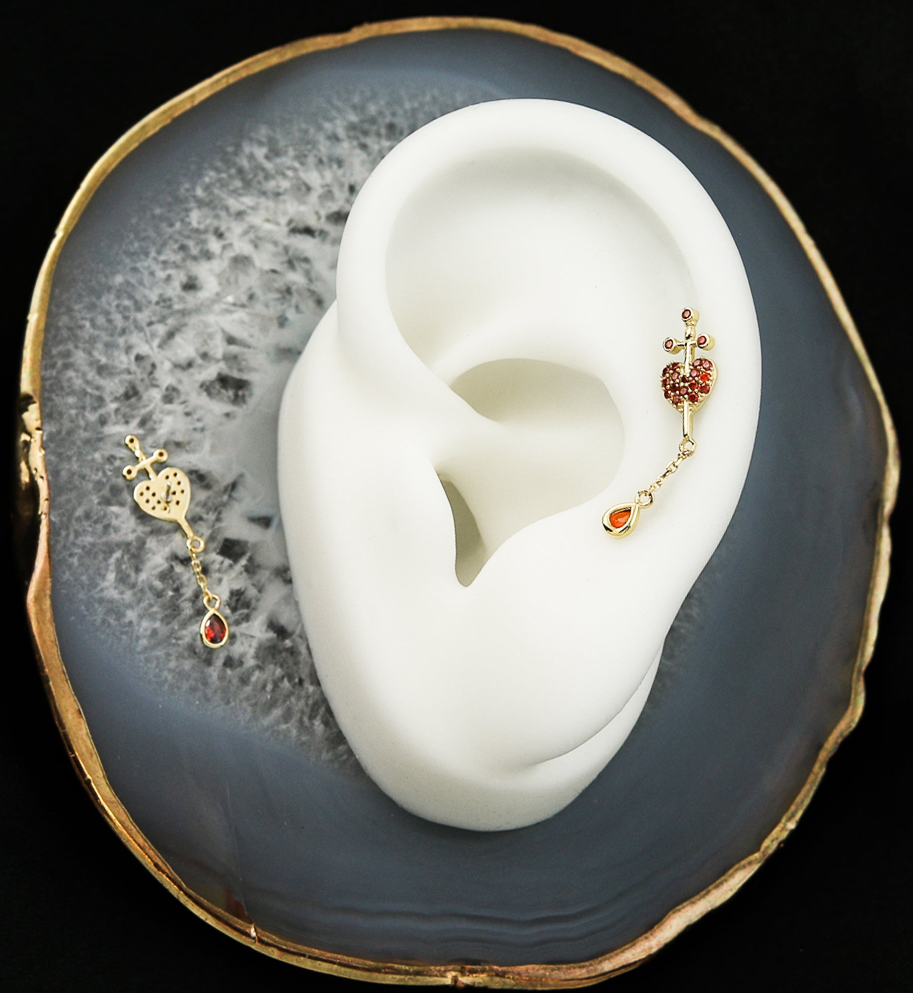 14kt Gold Heart Dagger Red CZ Dangle Threadless Top