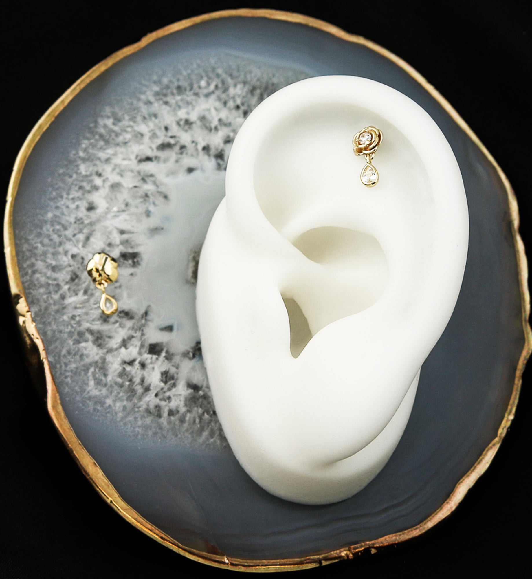 14kt Gold Rose Dangle Teardrop Clear CZ Threadless Top