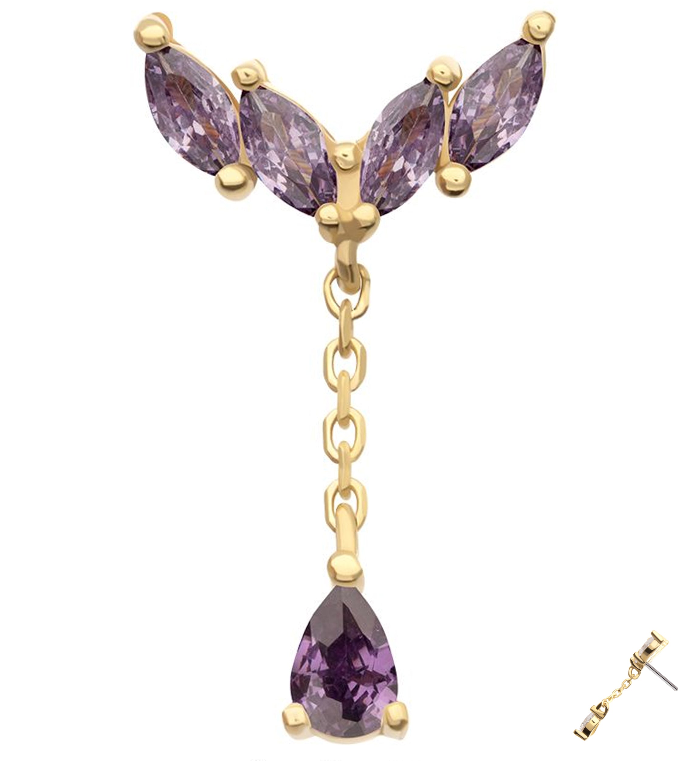 14kt Gold Arrow Marquise Amethyst CZ Dangle Threadless Top