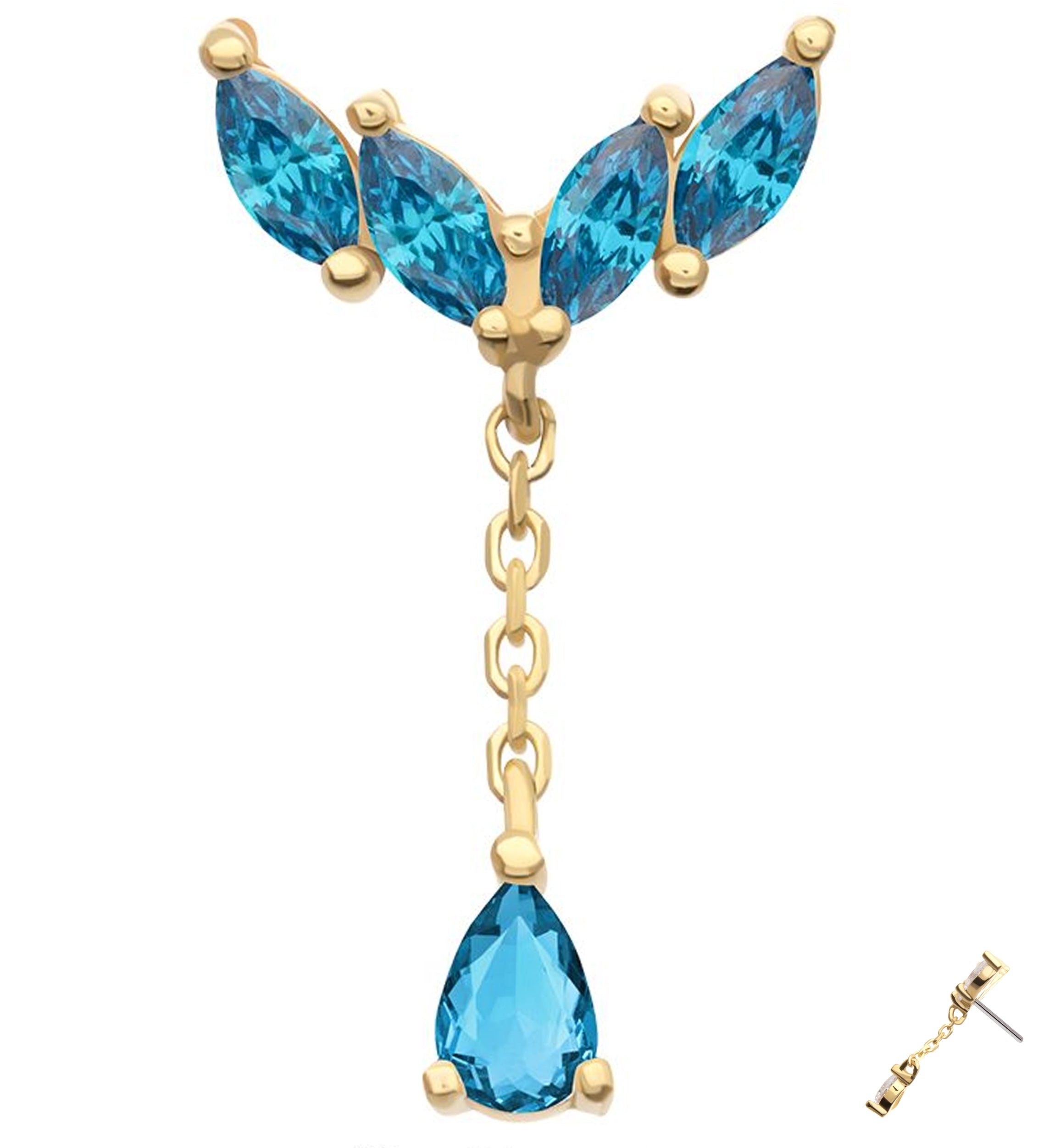 14kt Gold Arrow Marquise Blue Topaz CZ Dangle Threadless Top