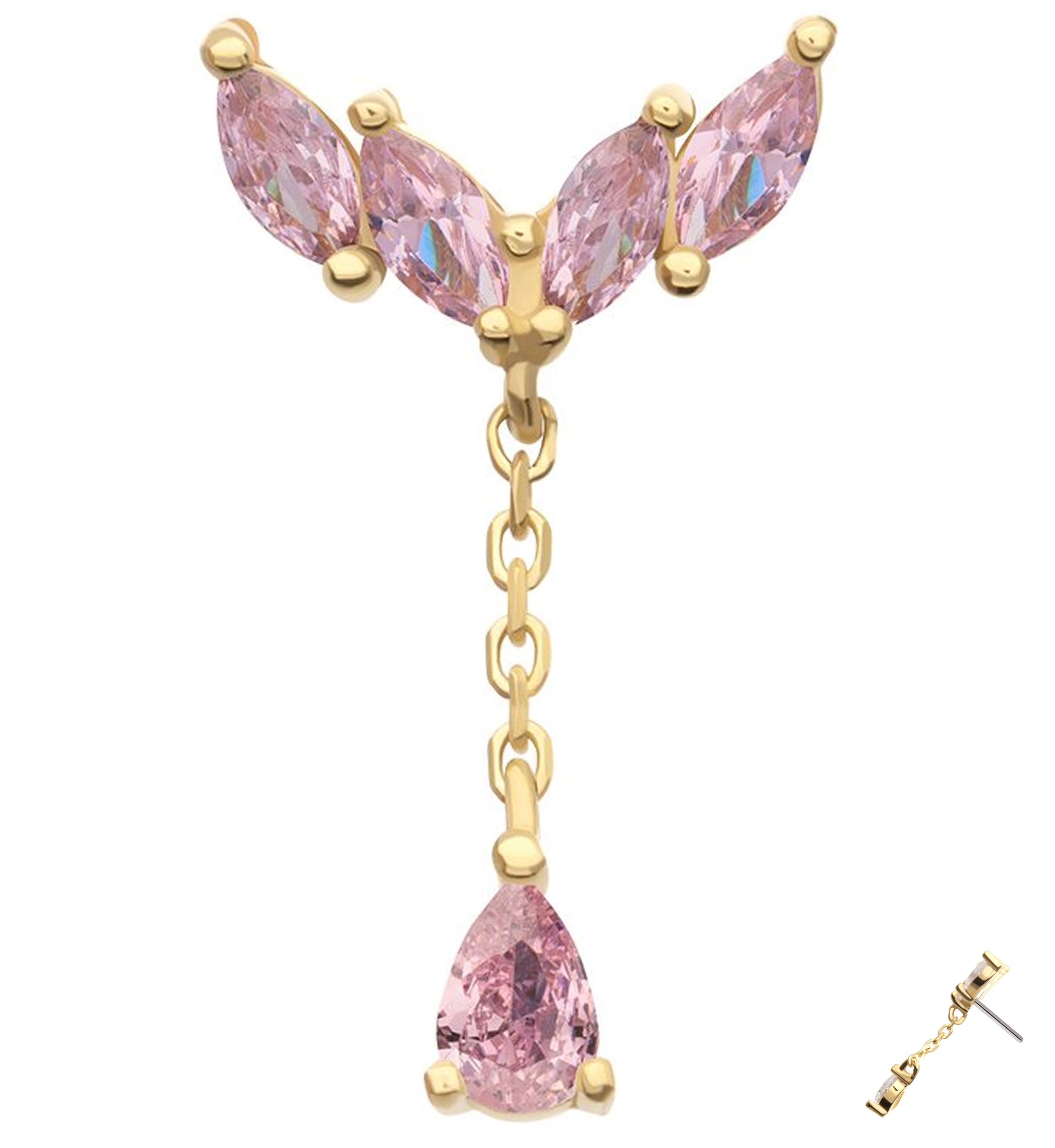 14kt Gold Arrow Marquise Pink CZ Dangle Threadless Top
