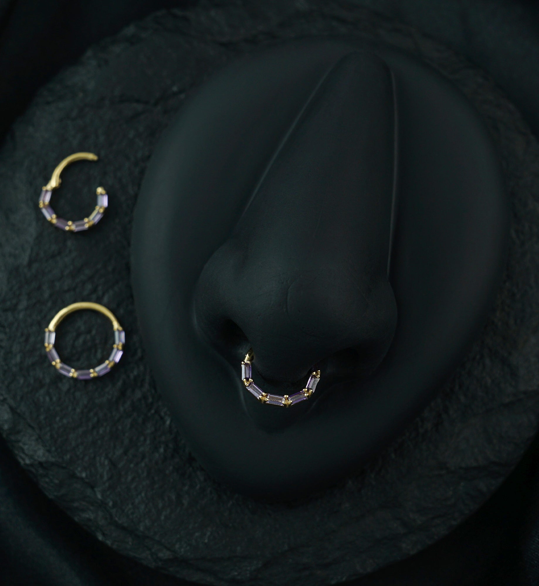 14kt Gold Baguette Row Amethyst CZ Hinged Segment Ring