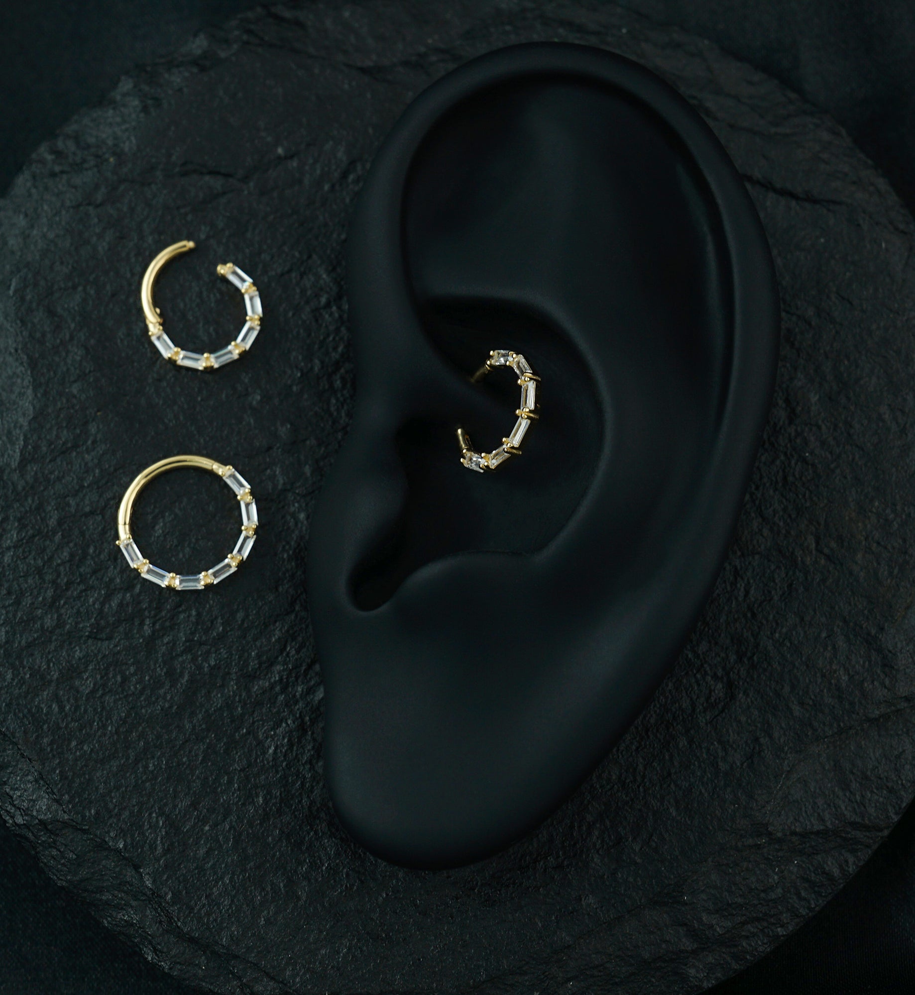 14kt Gold Baguette Row Clear CZ Hinged Segment Ring