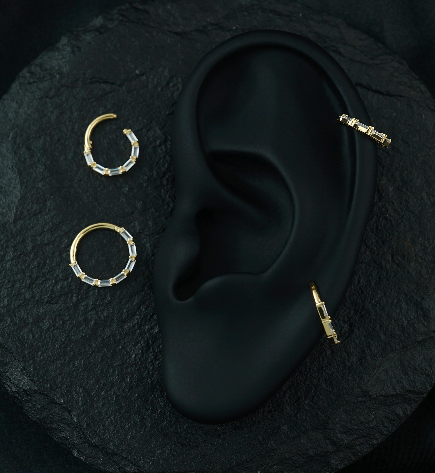 14kt Gold Baguette Row Clear CZ Hinged Segment Ring