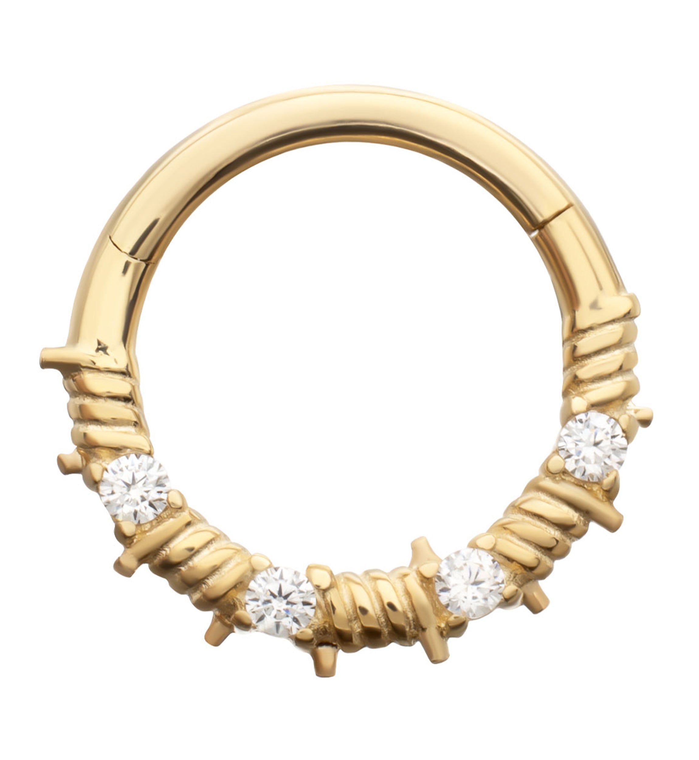 14kt Gold Barbed Wire Clear CZ Hinged Segment Ring
