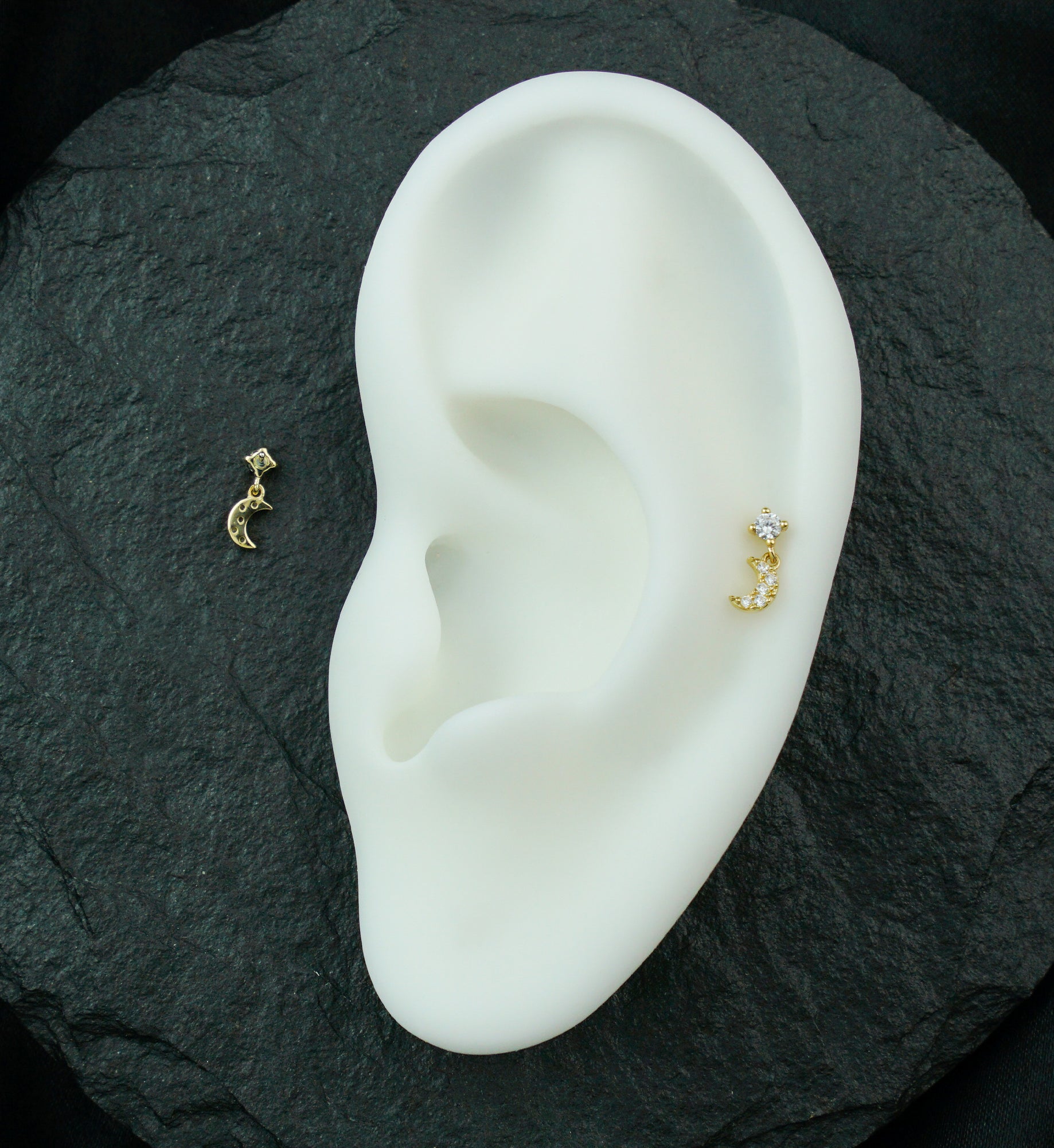 14kt Gold Beaded Half Moon Clear CZ Dangle Threadless Top