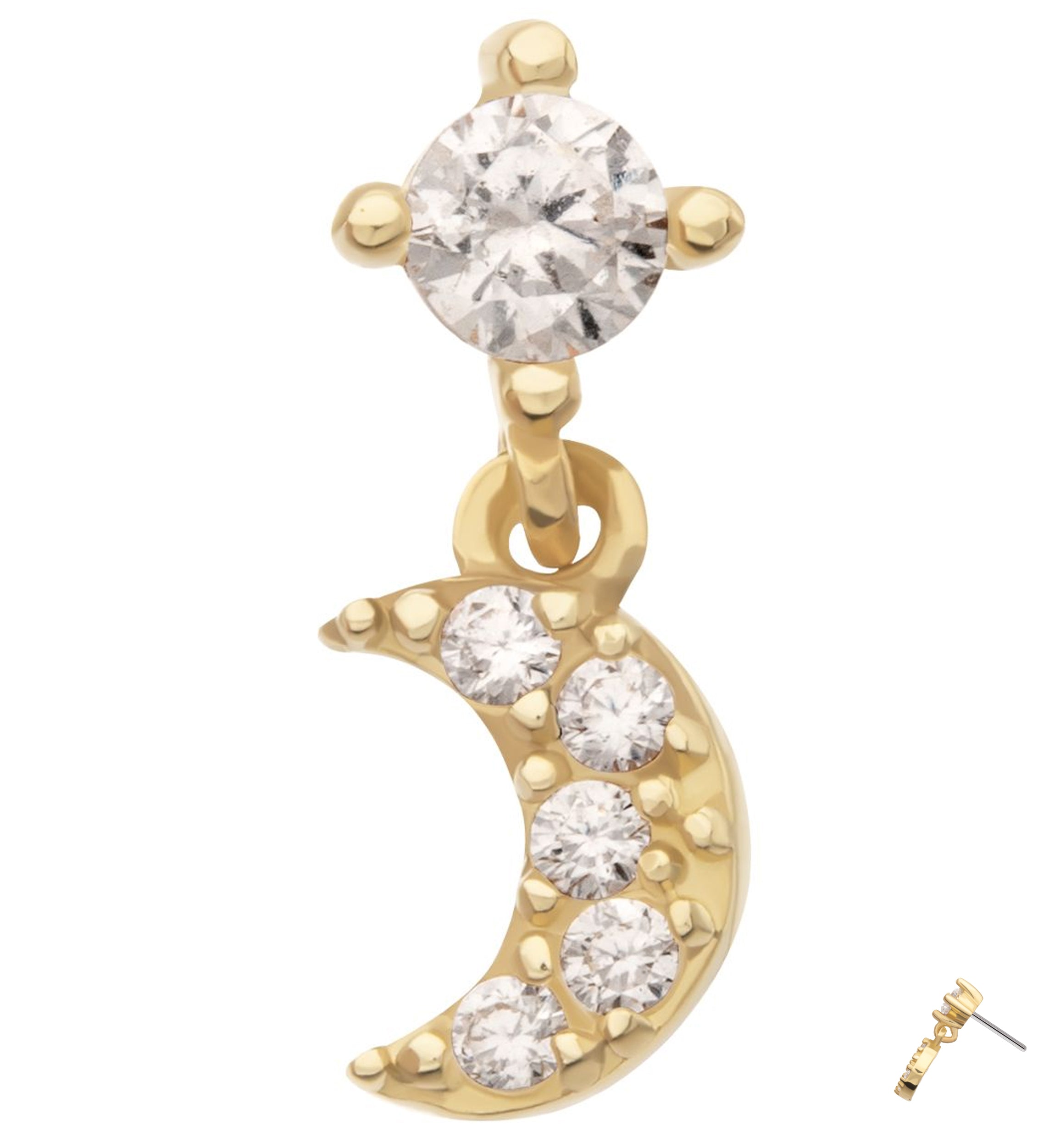 14kt Gold Beaded Half Moon Clear CZ Dangle Threadless Top