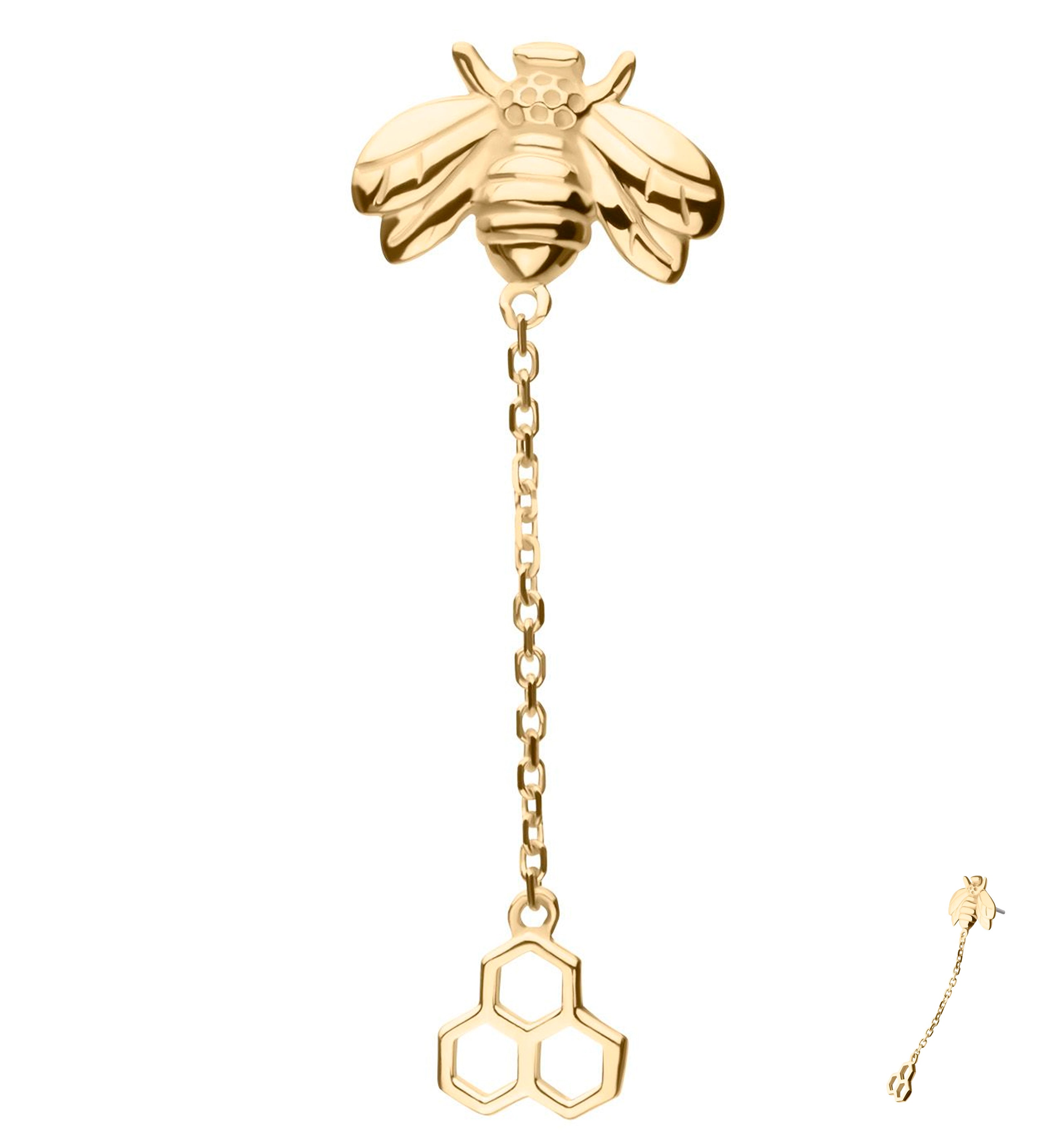 14kt Gold Bee Dangle Honeycomb Threadless Top