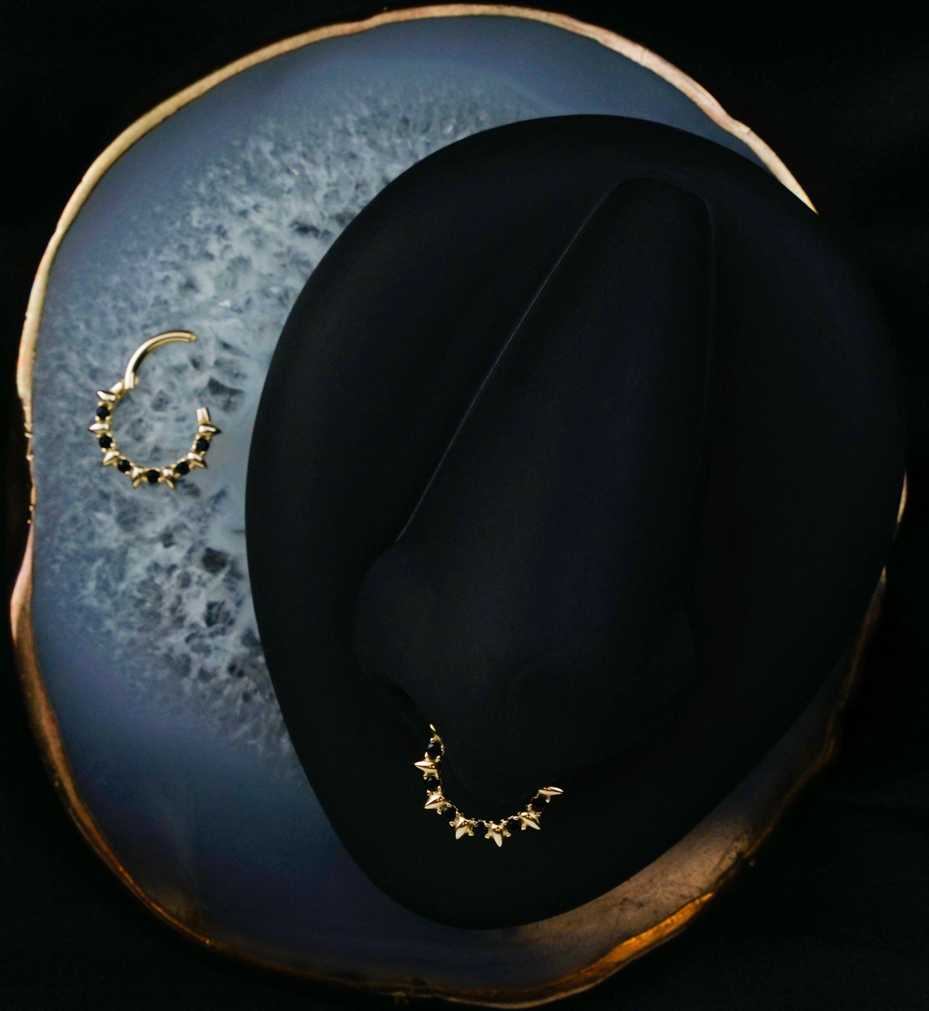 14kt Gold Black CZ Barbed Hinged Segment Ring