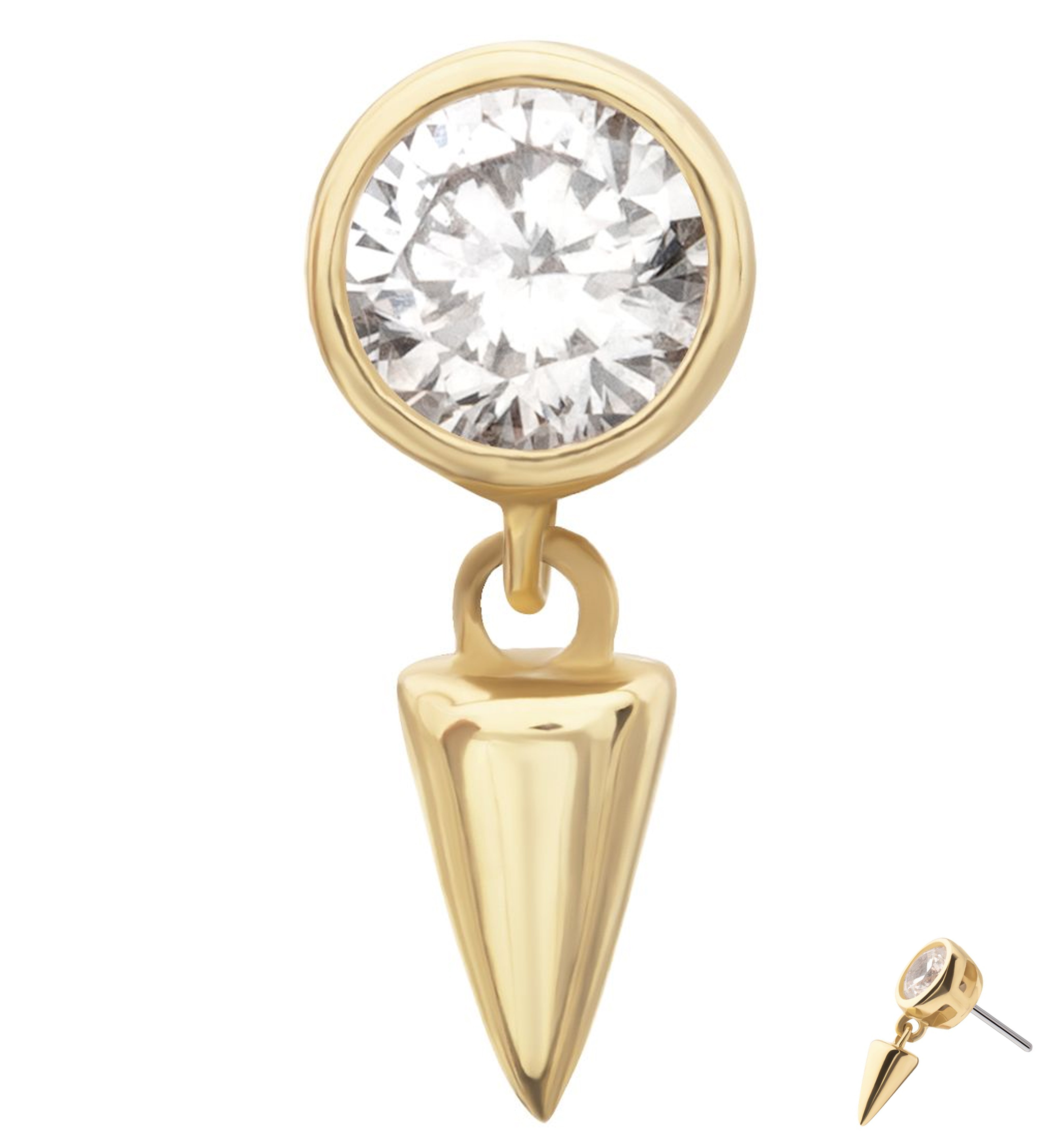 14kt Gold Clear CZ Dangle Cone Threadless Top