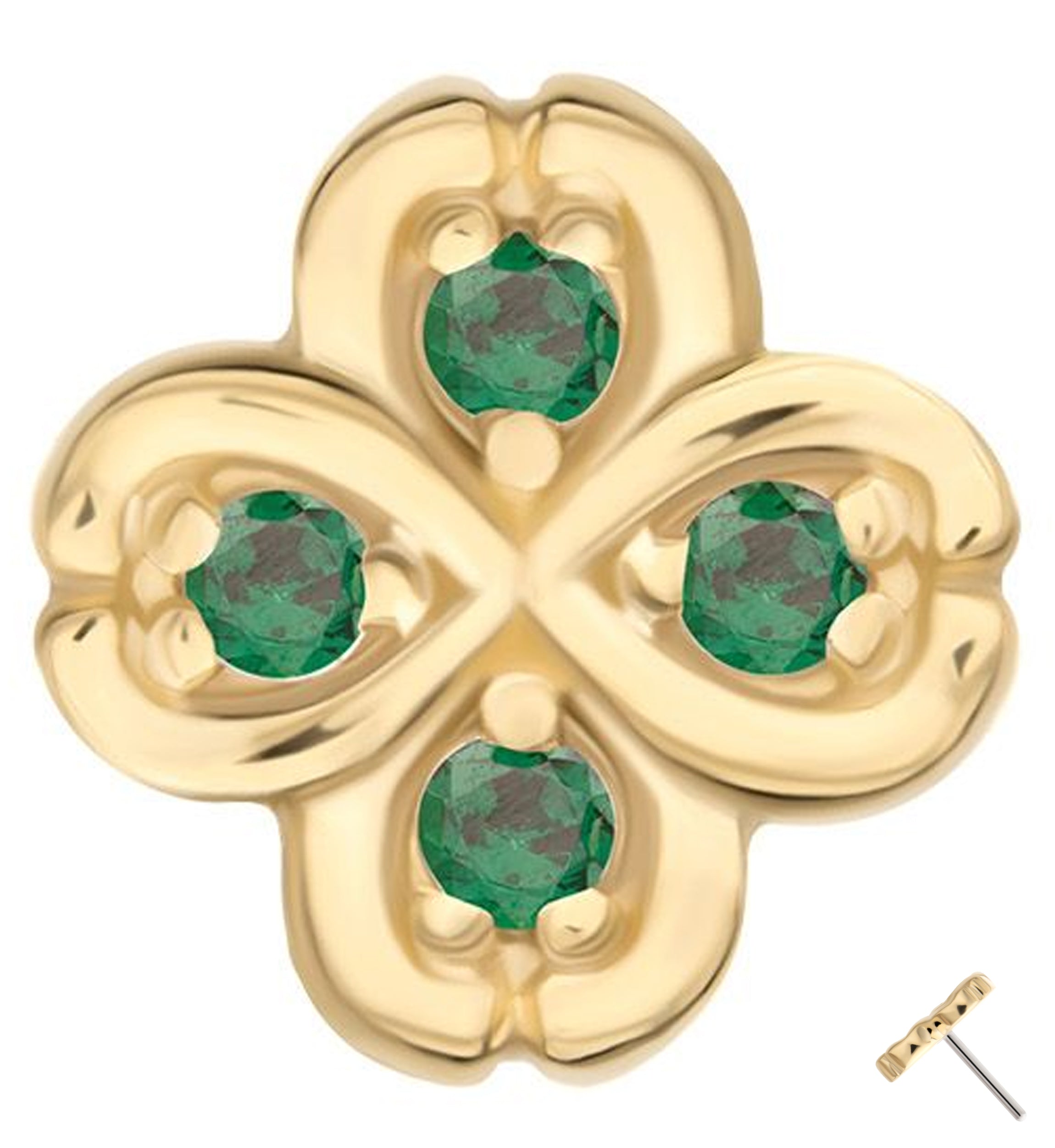 14kt Gold Clover Emerald CZ Threadless Top