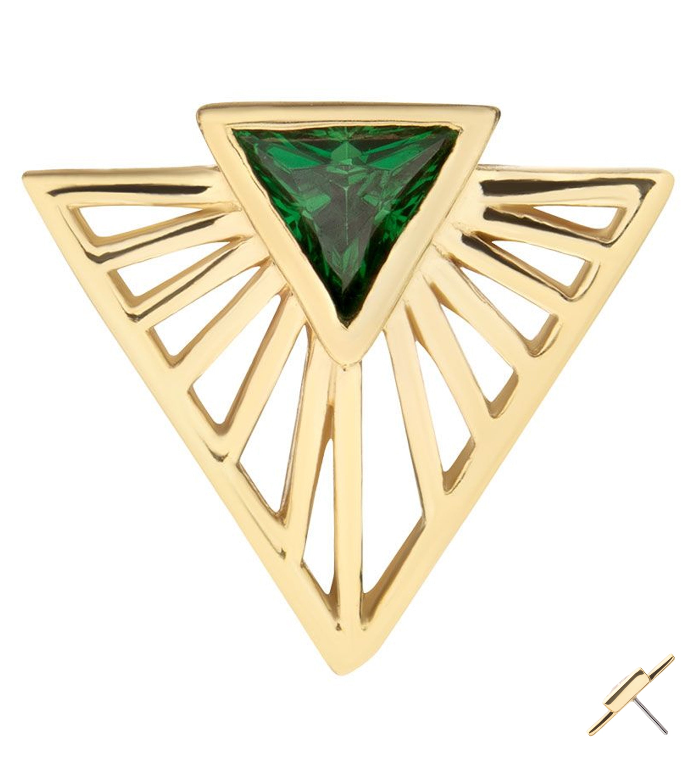 14kt Gold Drop Triangle Burst Emerald CZ Threadless Top