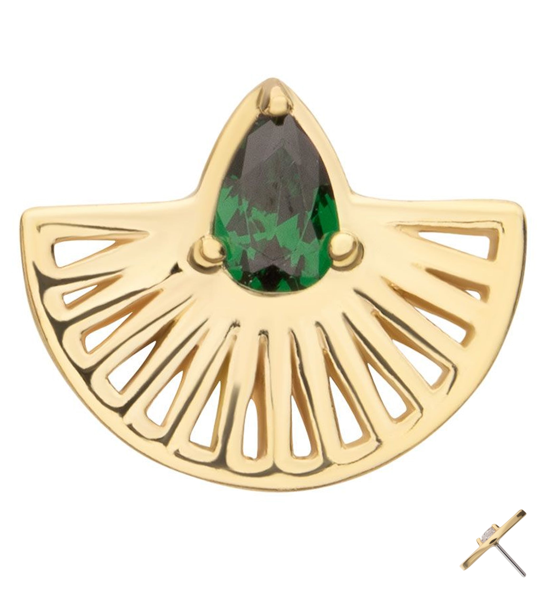 14kt Gold Fan Burst Teardrop Emerald CZ Threadless Top