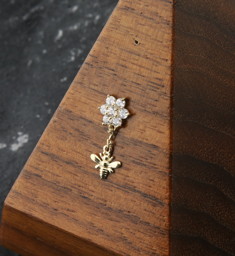14kt Gold Flower CZ Dangle Bee Threadless Top
