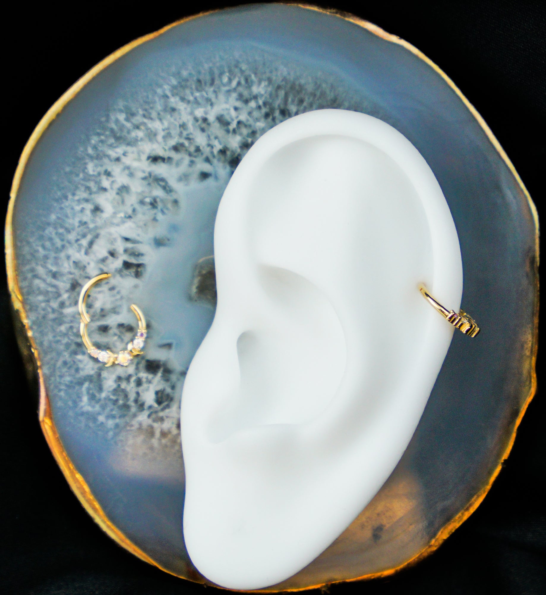 14kt Gold Half Moon Accent Rainbow Aurora CZ Hinged Segment Ring