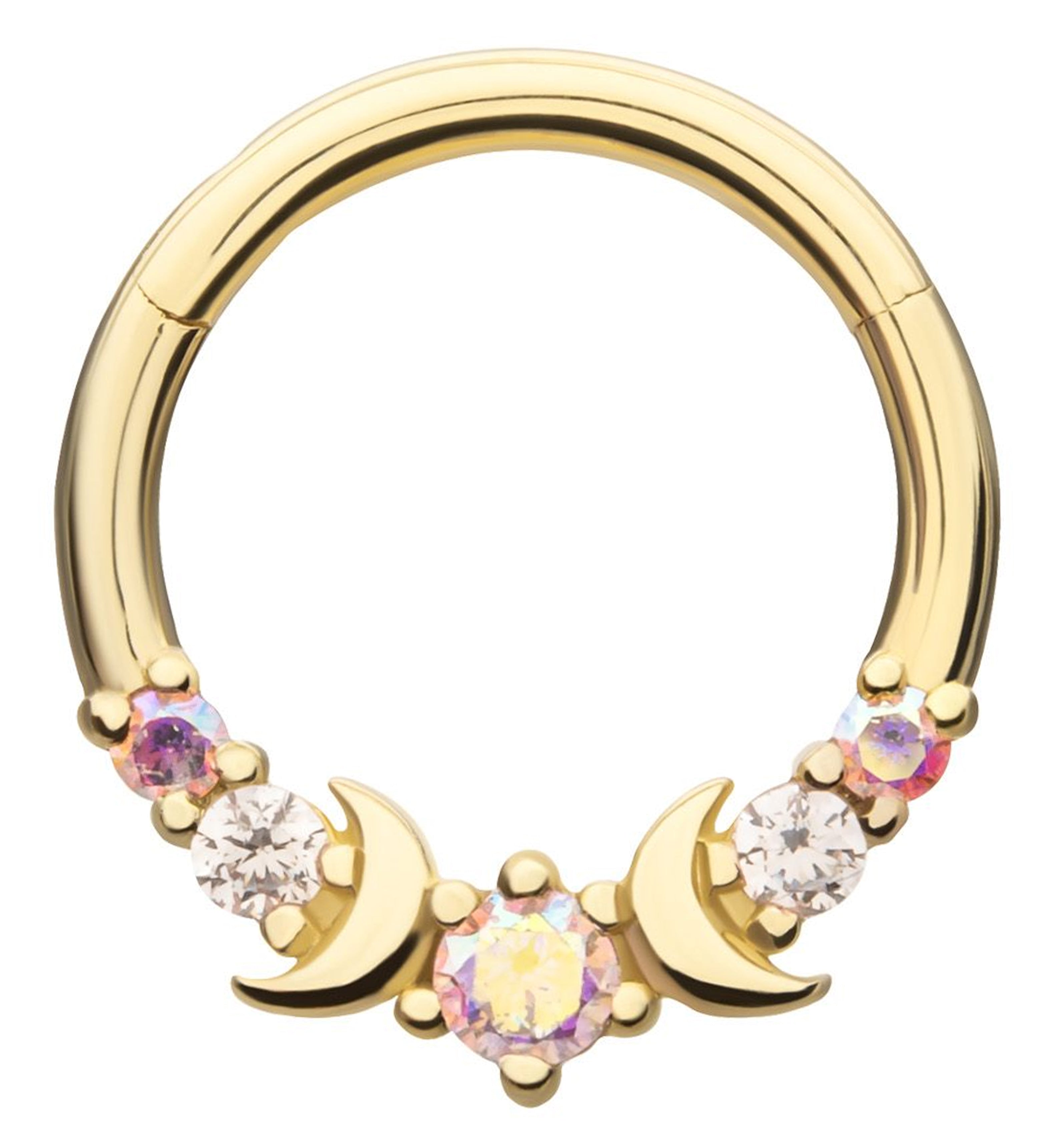 14kt Gold Half Moon Accent Rainbow Aurora CZ Hinged Segment Ring