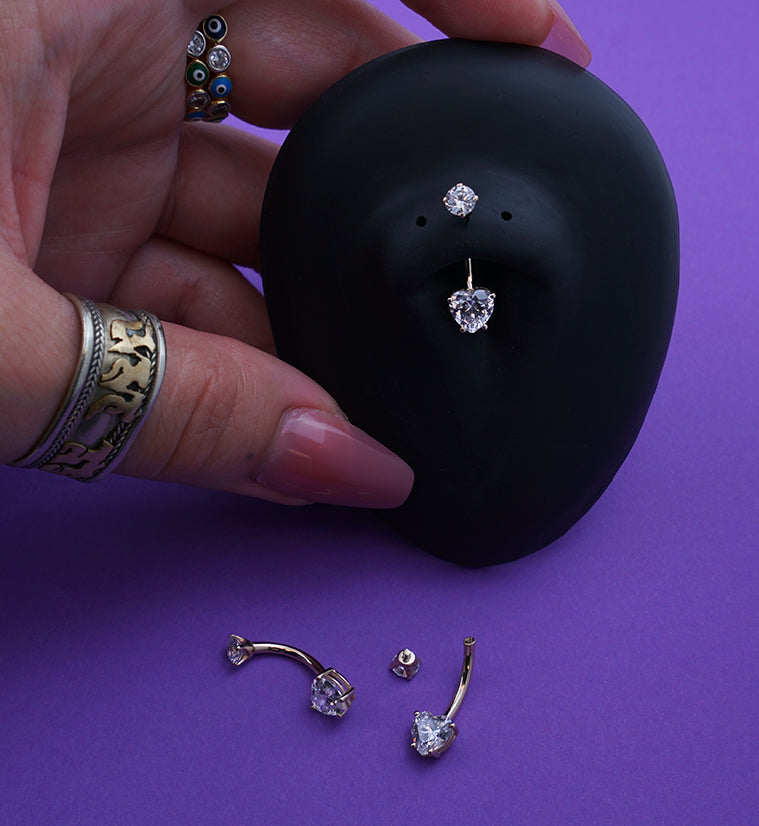 14kt Gold Heart Clear CZ Belly Button Ring