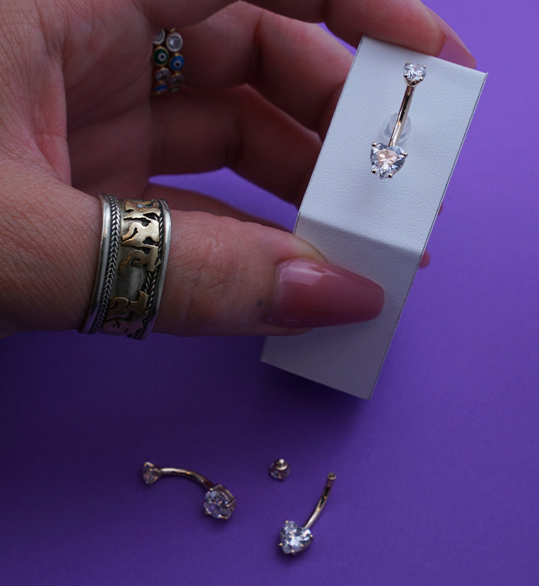 14kt Gold Heart Clear CZ Belly Button Ring