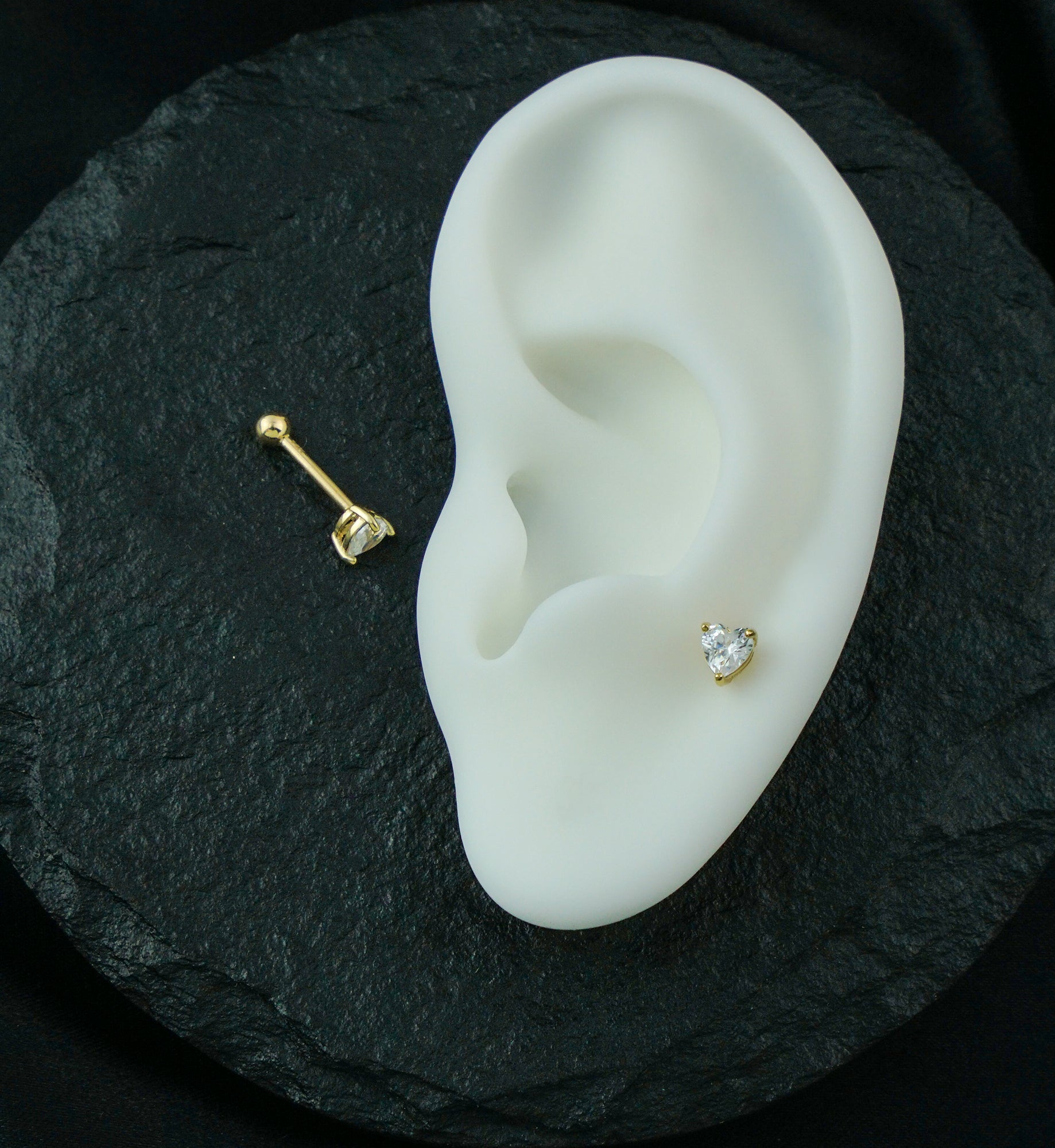 14kt Gold Heart Clear CZ Threadless Cartilage Barbell