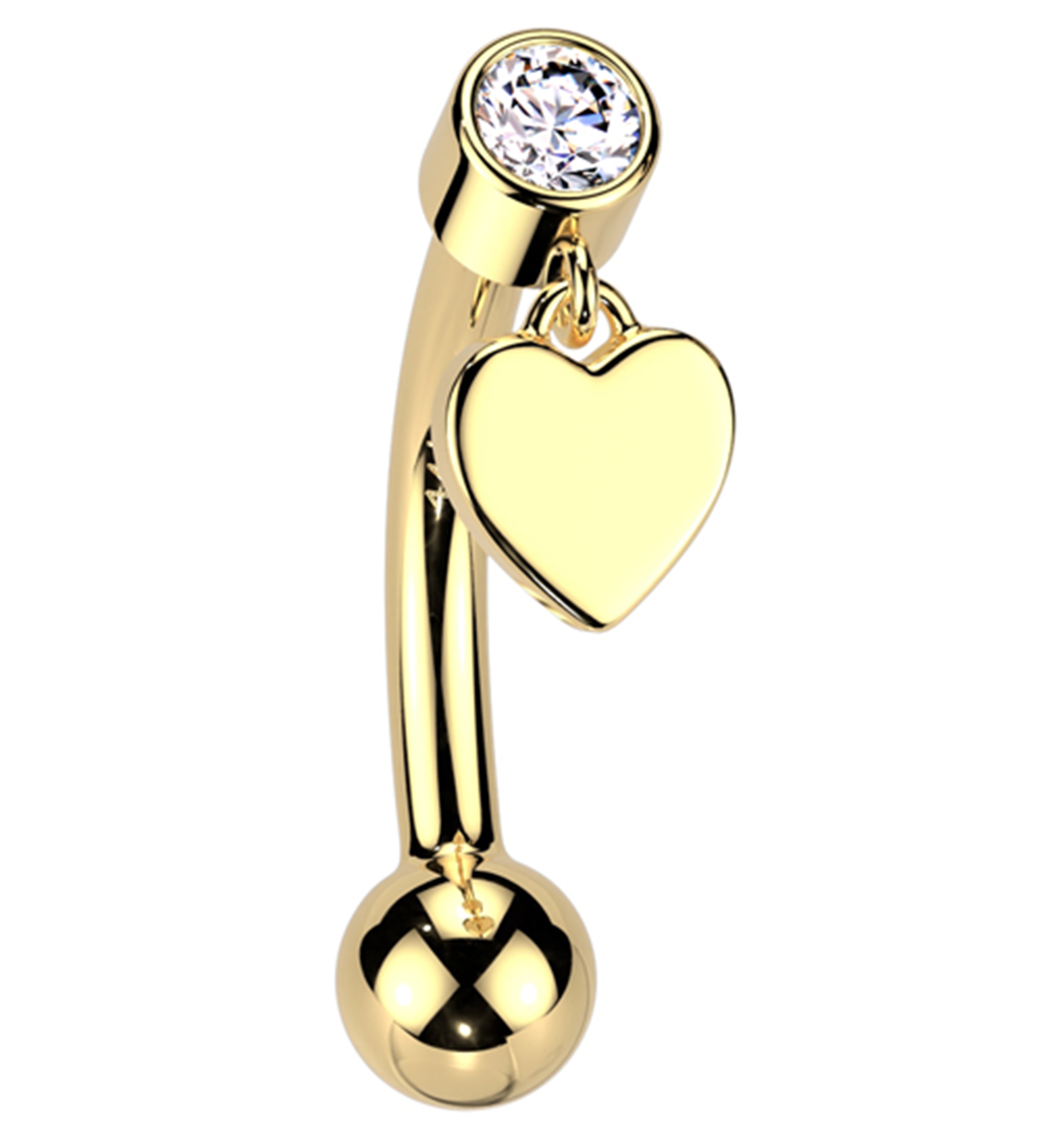 14kt Gold Heart Dangle Clear CZ Threadless Curved Barbell
