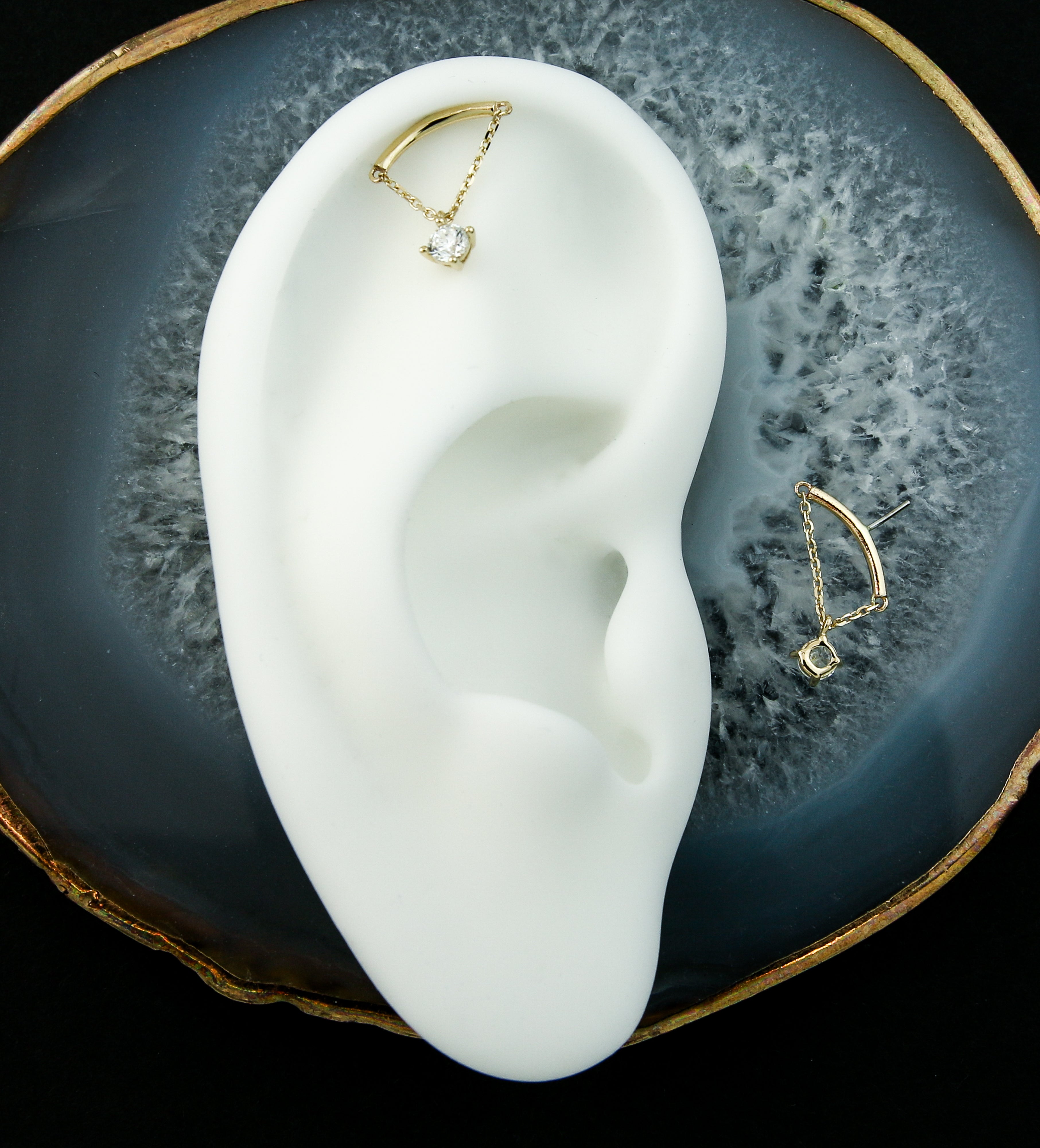 14kt Gold Hidden Curved Bar Clear CZ Dangle Threadless Top