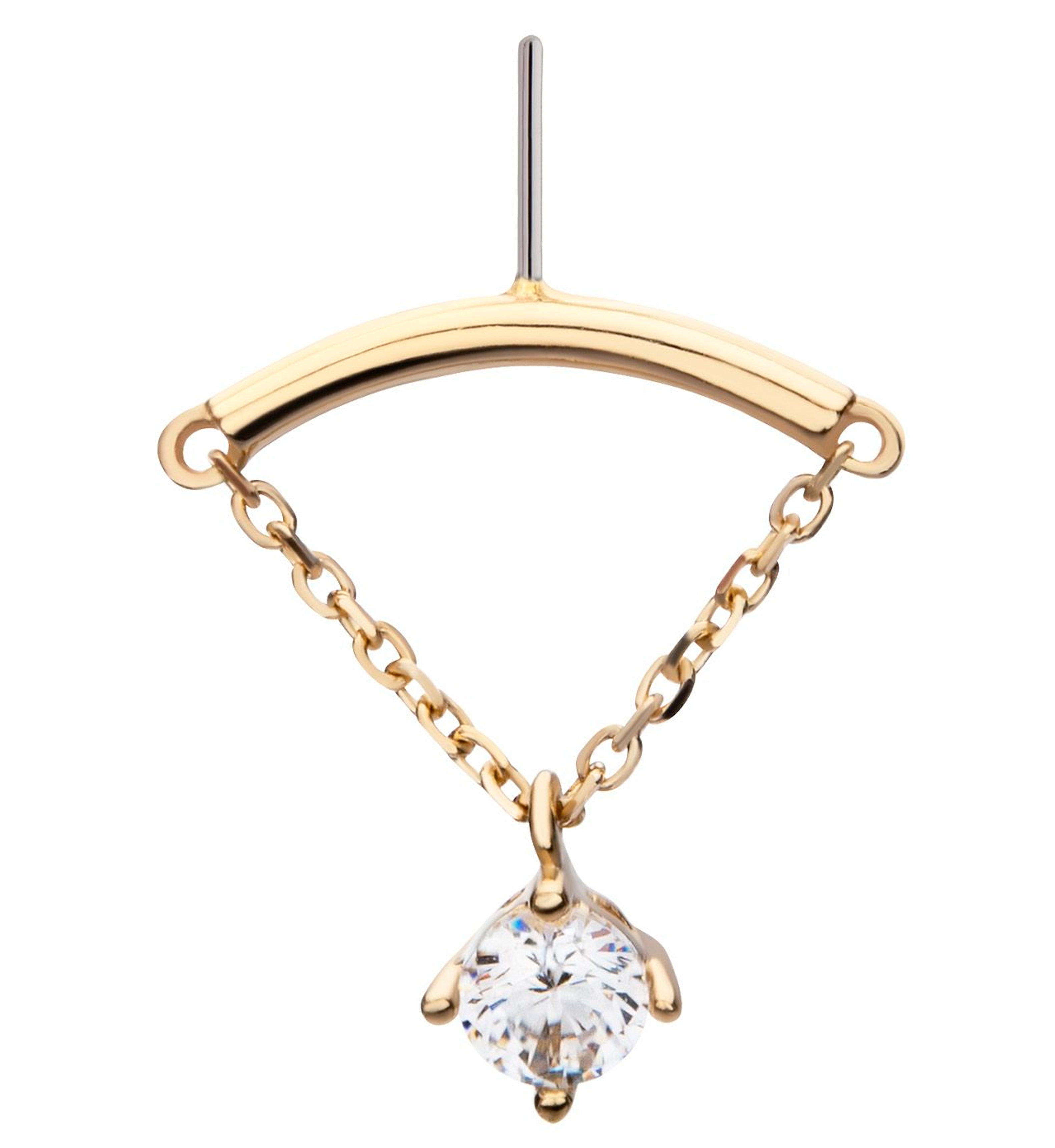 14kt Gold Hidden Curved Bar Clear CZ Dangle Threadless Top