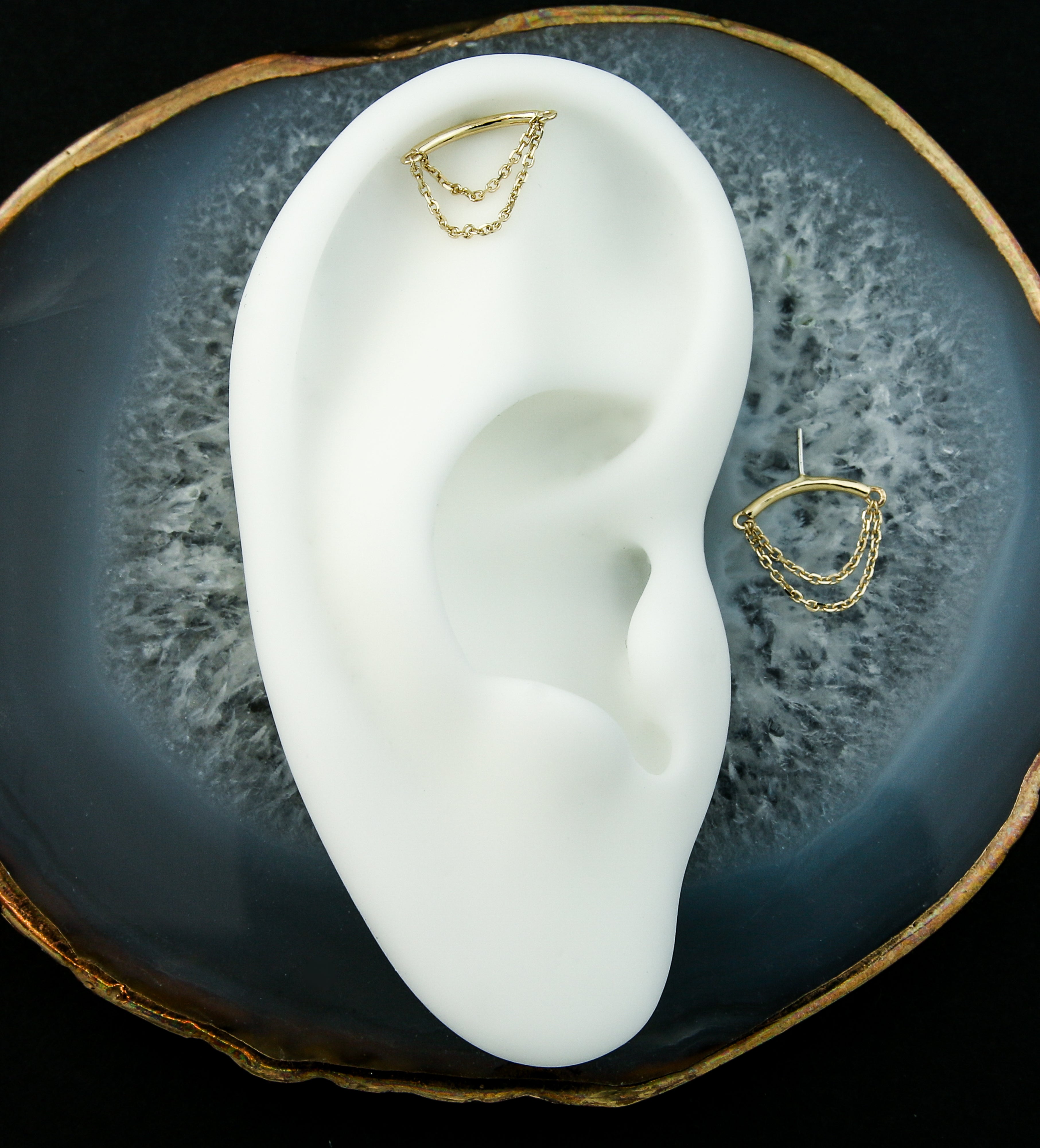 14kt Gold Hidden Curved Bar Double Dangle Chain Threadless Top