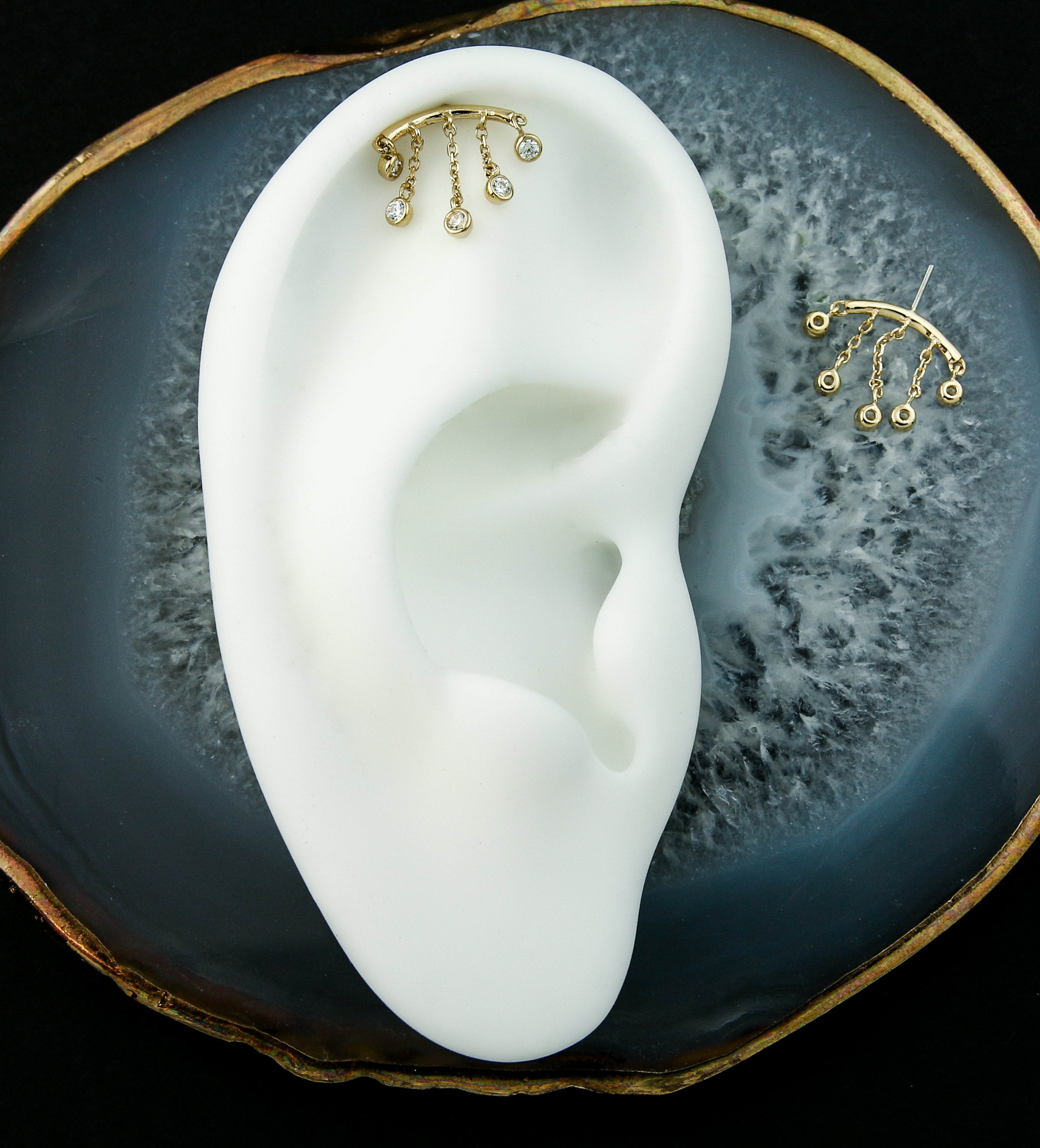 14kt Gold Hidden Curved Bar Five Dangle Clear CZ Threadless Top