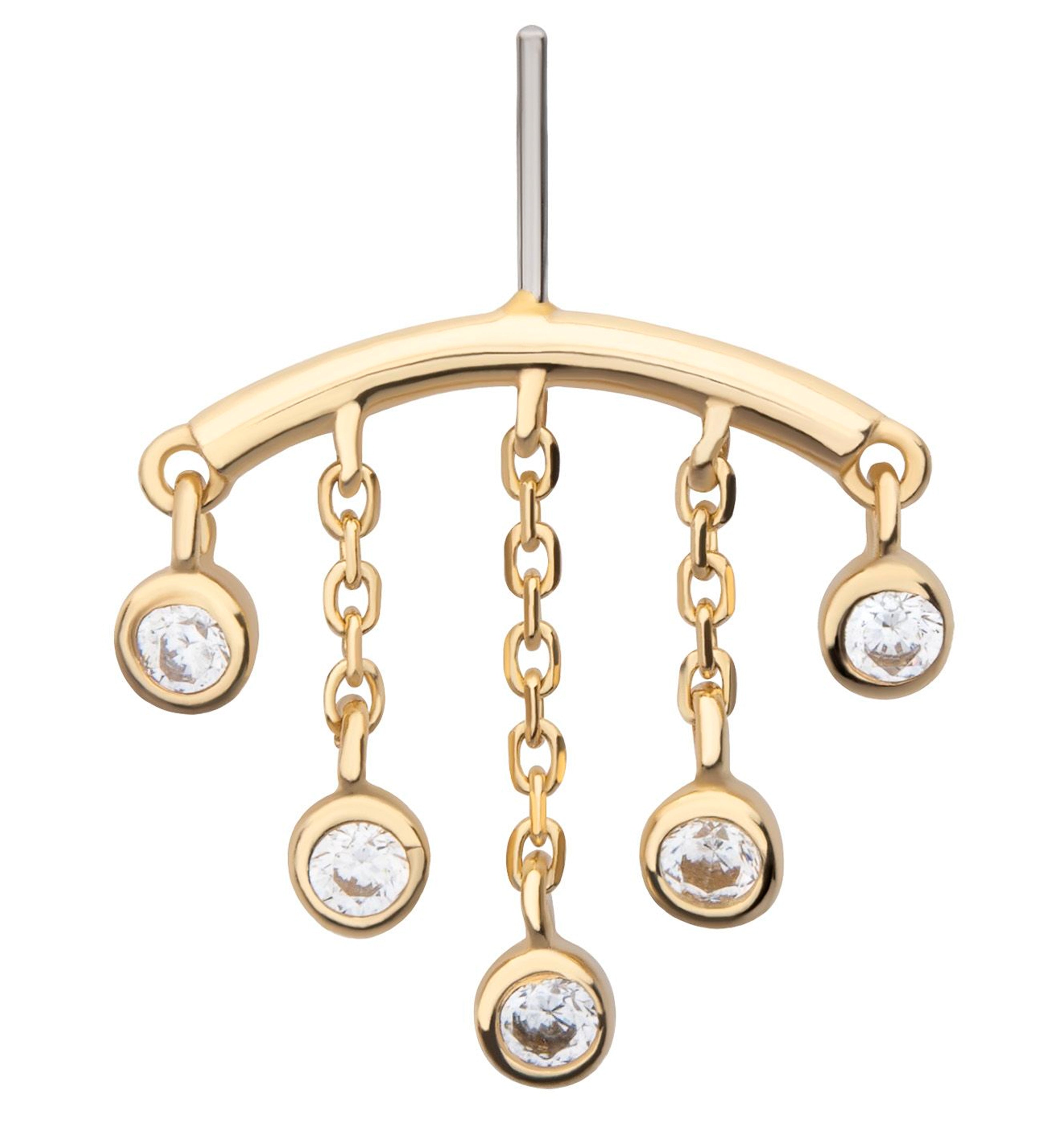 14kt Gold Hidden Curved Bar Five Dangle Clear CZ Threadless Top