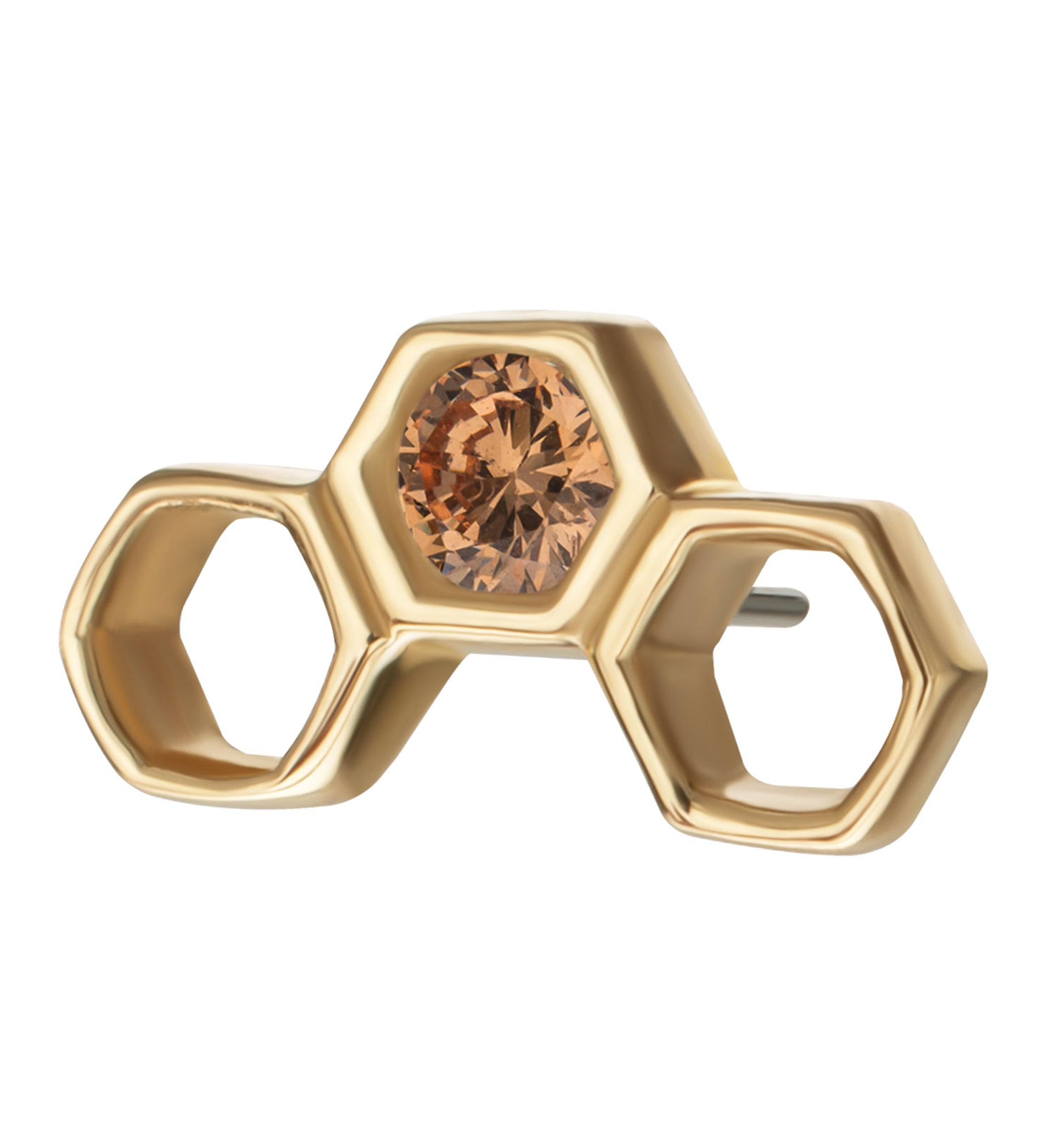 14kt Gold Hollow Hexagon Arch Champagne CZ Threadless Top