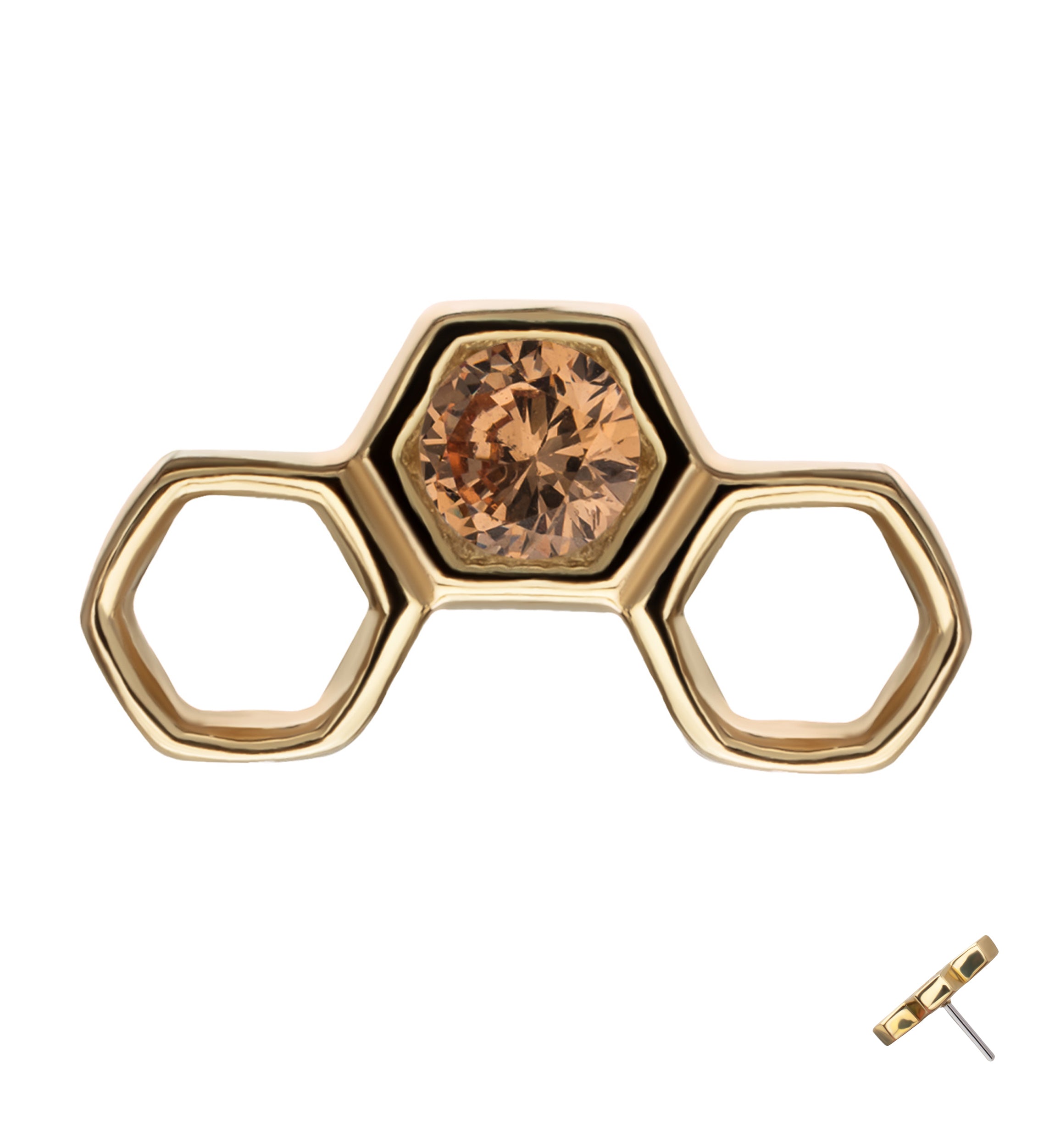 14kt Gold Hollow Hexagon Arch Champagne CZ Threadless Top
