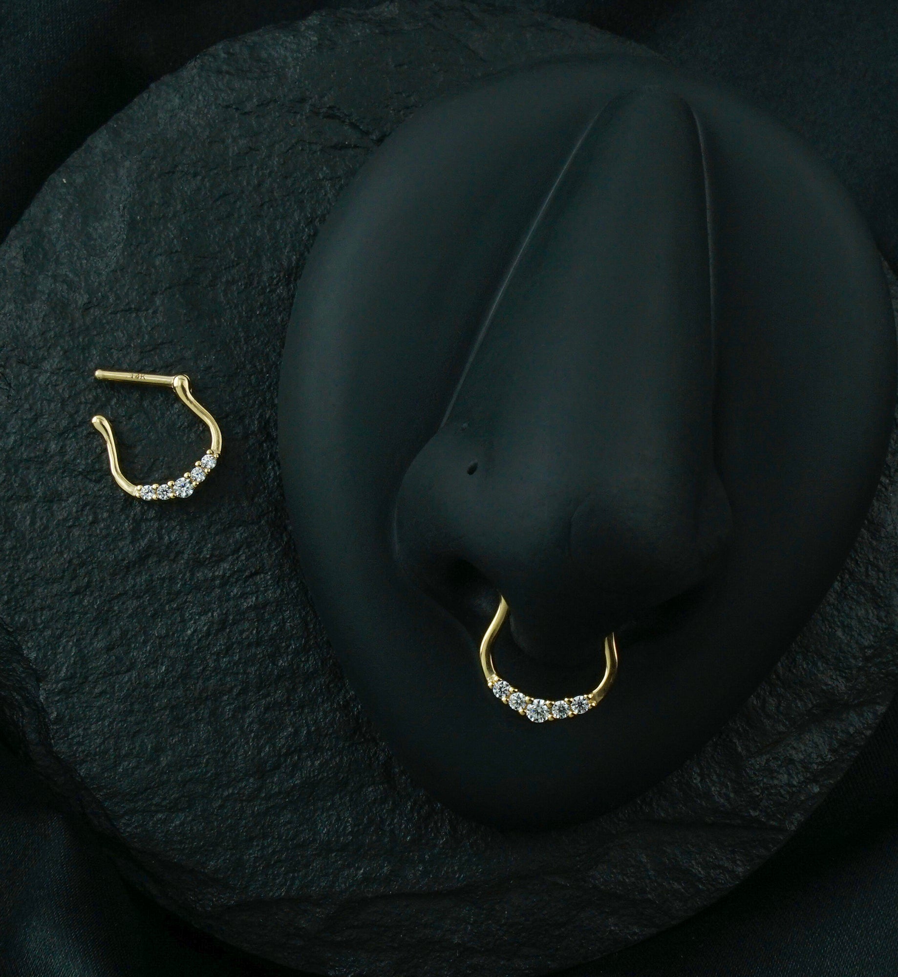 14kt Gold Horseshoe Five Clear CZ Hinged Segment Ring