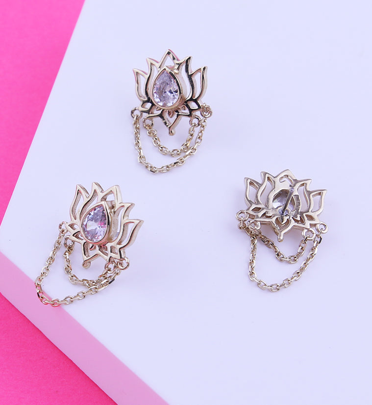 14kt Gold Lotus Clear CZ Dual Dangle Chains Threadless Top