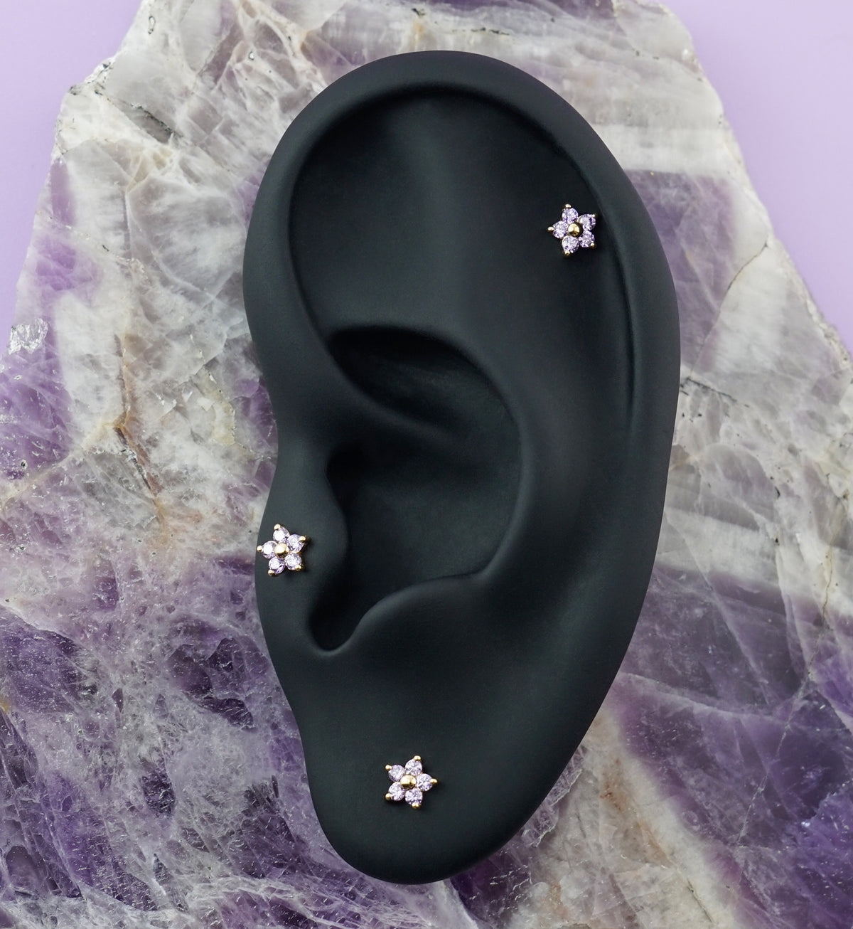 14kt Gold Mini Daisy Amethyst CZ Threadless Top