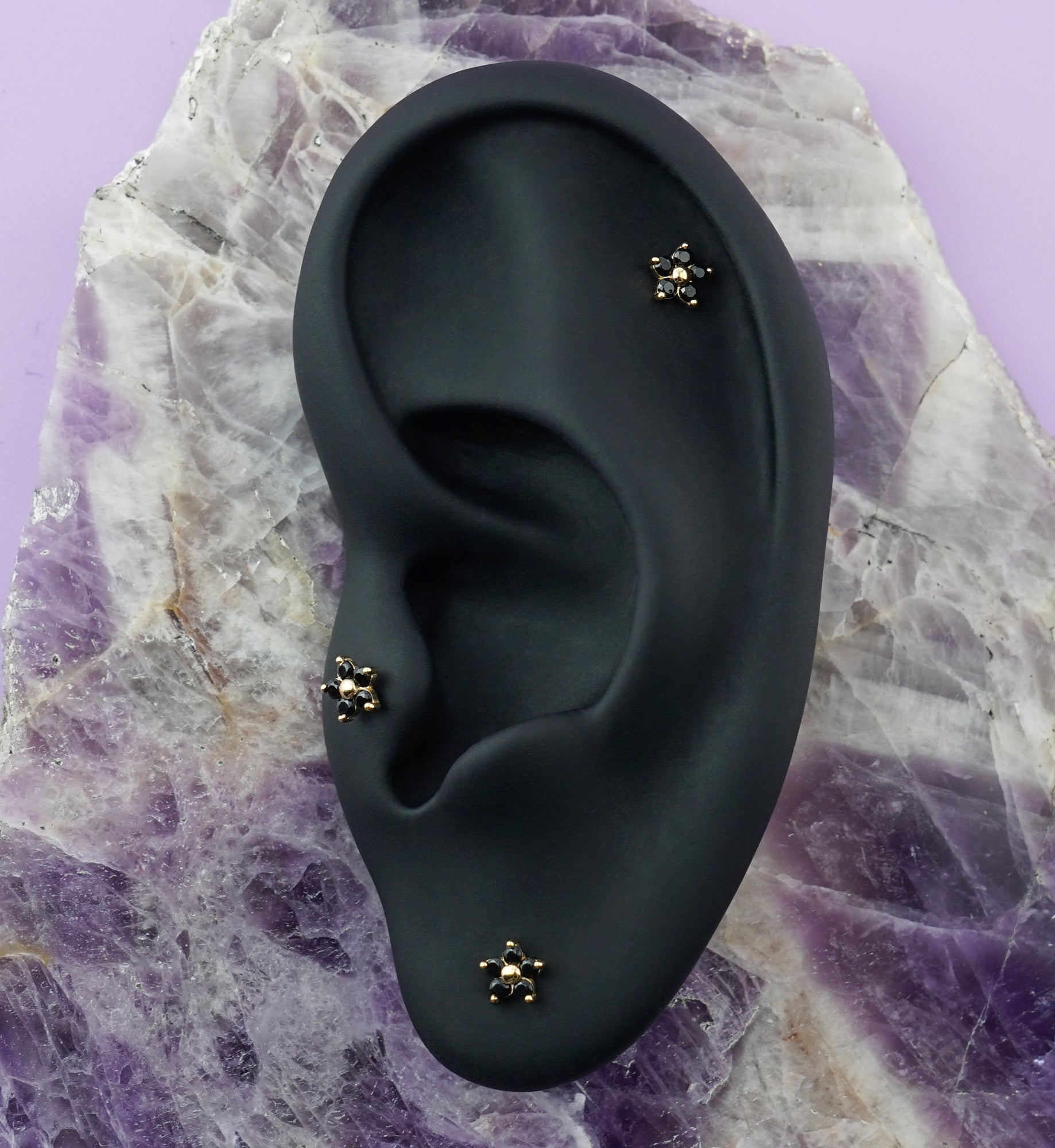 14kt Gold Mini Daisy Black CZ Threadless Top