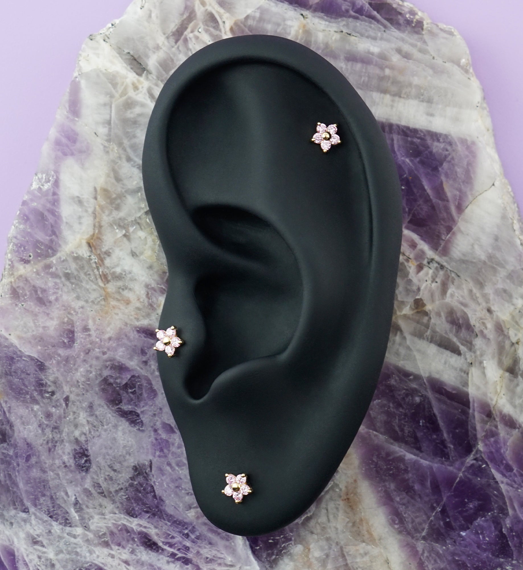 14kt Gold Mini Daisy Pink CZ Threadless Top