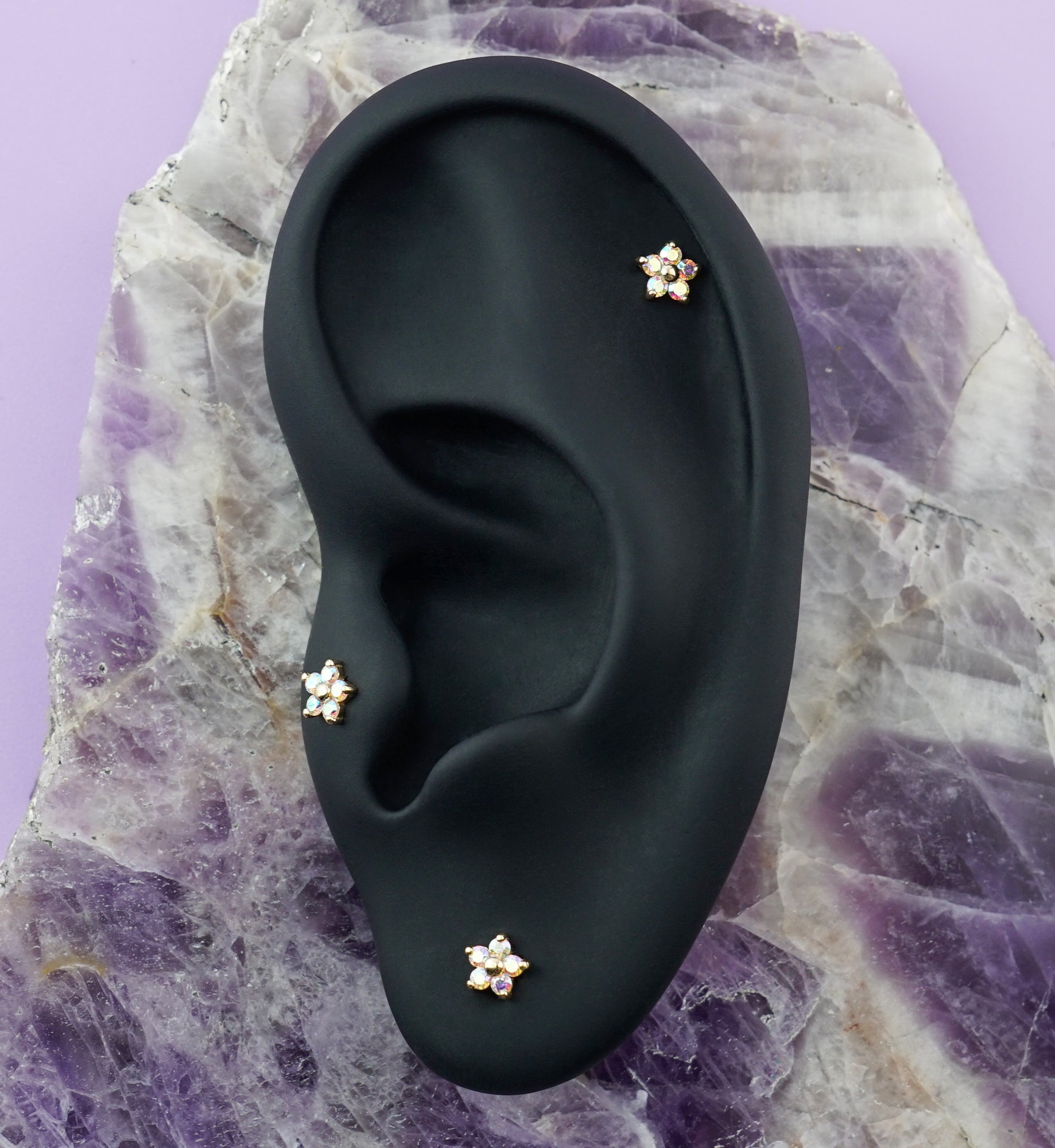 14kt Gold Mini Daisy Rainbow Aurora CZ Threadless Top