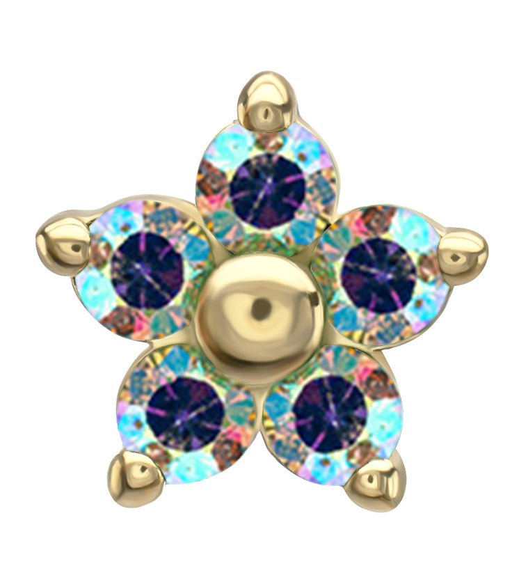 14kt Gold Mini Daisy Rainbow Aurora CZ Threadless Top