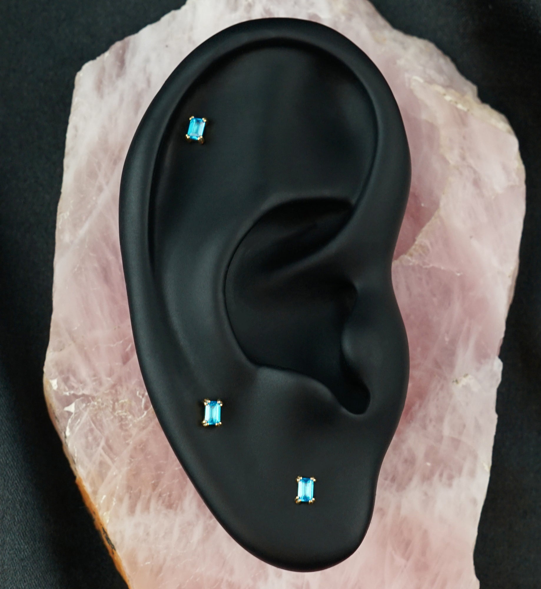 14kt Gold Mini Rectangle Blue Topaz CZ Threadless Top