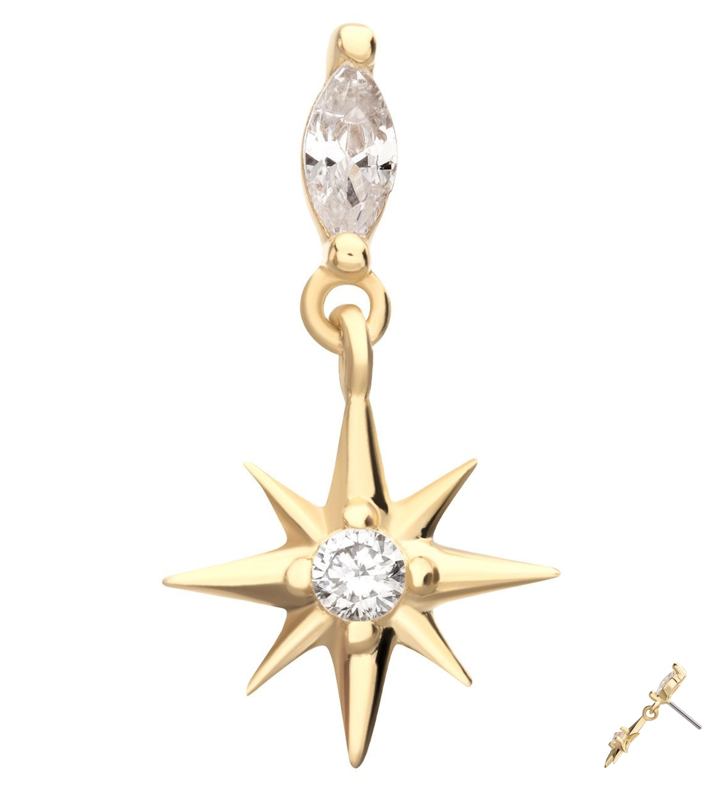 14kt Gold North Star Dangle Clear CZ Threadless Top