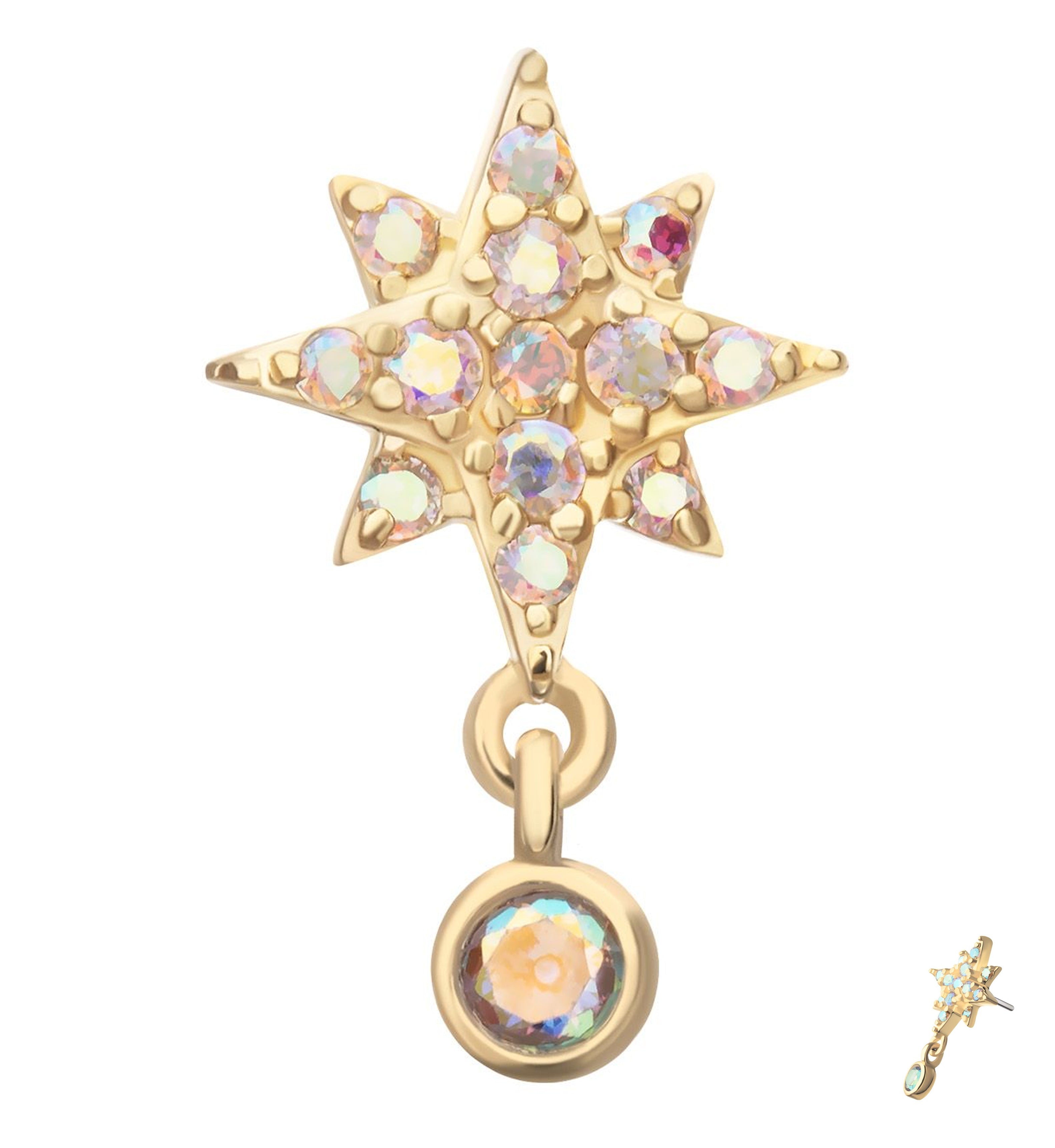 14kt Gold North Star Rainbow Aurora CZ Dangle Threadless Top