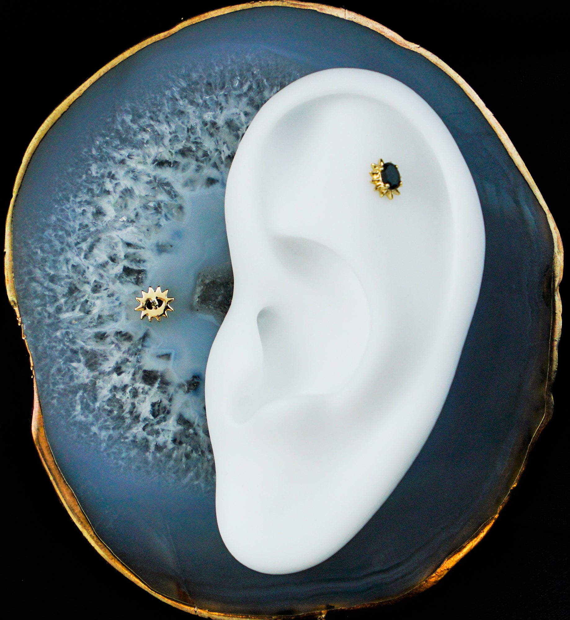 14kt Gold Spiked Oval Black CZ Threadless Top